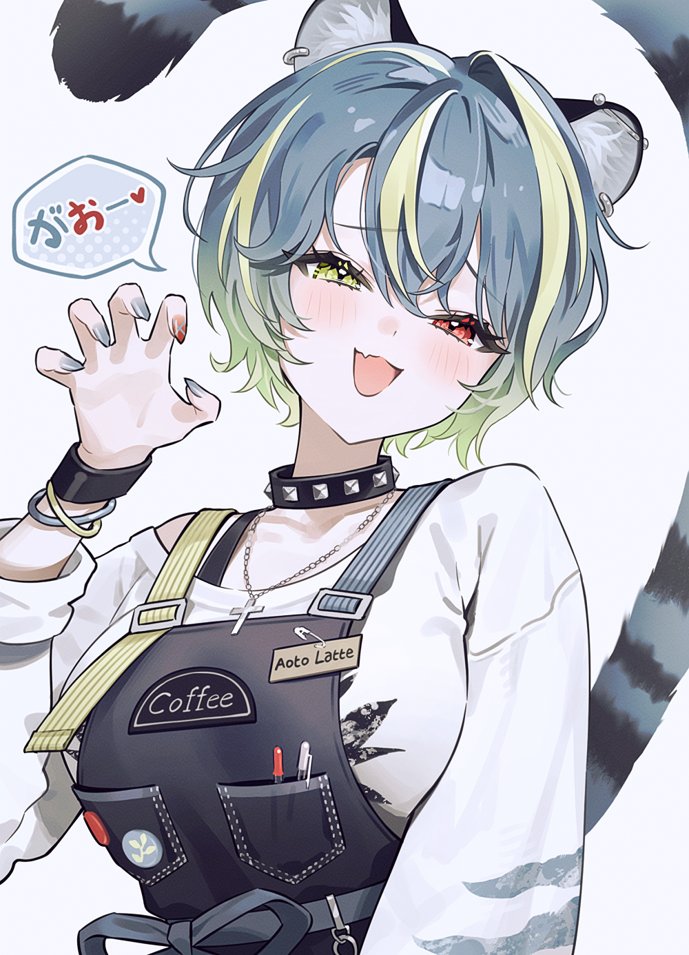fymrie, indie virtual youtuber, highres, animal ear piercing, animal ears, claw pose, cross, cross necklace, earrings, fang, green eyes, green hair, grey hair, grey nails, heterochromia, jewelry, multicolored hair, multicolored nails, necklace, open mouth, red eyes, red nails, short hair, skin fang, streaked hair, tail, two-tone hair, two-tone nails, upper body, virtual youtuber, white background