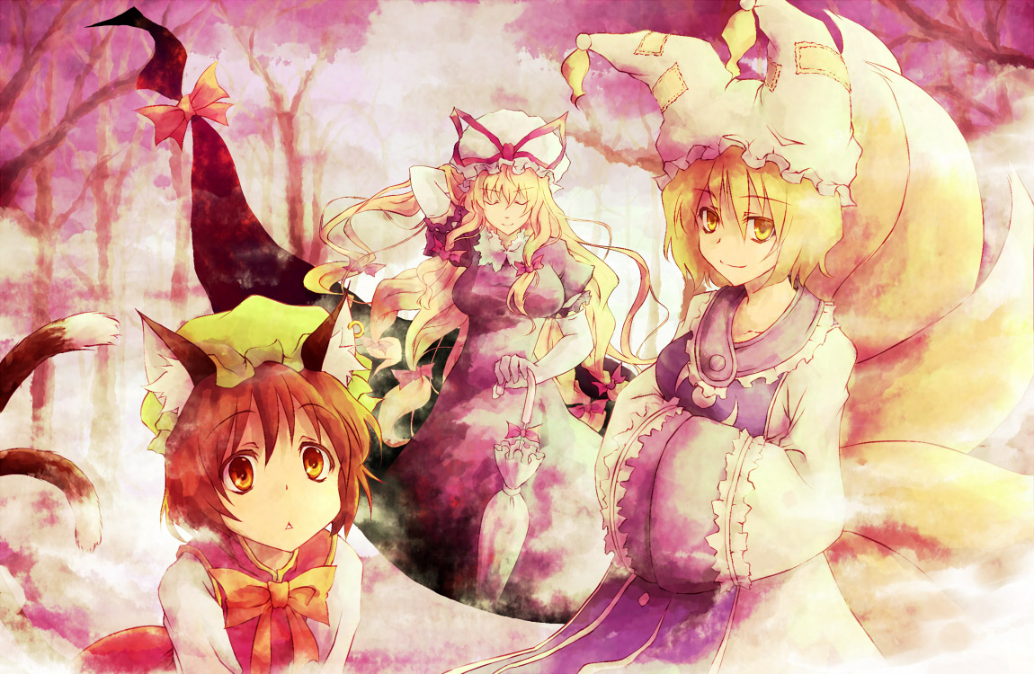 nekokun, chen, yakumo ran, yakumo yukari, touhou, 3girls, animal ears, animal hat, blonde hair, bow, brown hair, cat ears, cat girl, cat tail, closed eyes, closed umbrella, earrings, female focus, fox ears, fox tail, gap (touhou), hair flip, hands in opposite sleeves, hat, jewelry, long hair, long sleeves, looking at viewer, mob cap, multiple girls, multiple tails, orange eyes, ribbon, short hair, smile, staring, tail, tassel, triangle mouth, umbrella, wide sleeves, yellow eyes