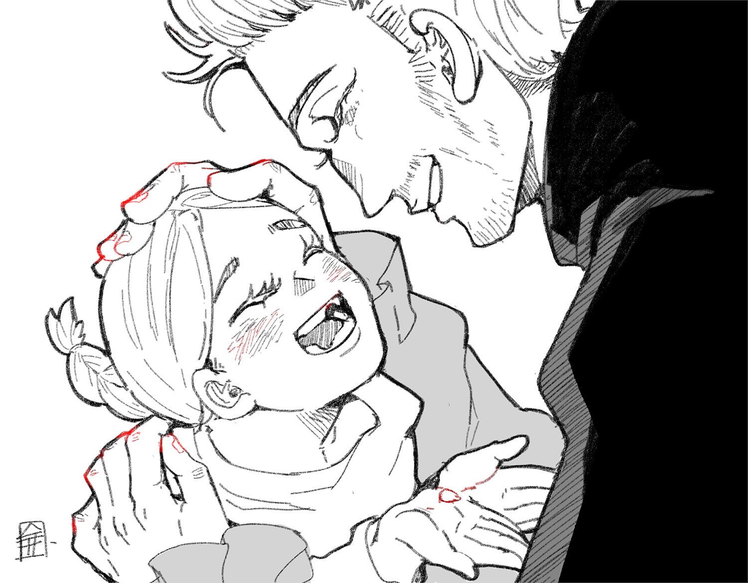 jolenta, chi.: chikyuu no undou ni tsuite, 1boy, 1girl, :d, ^ ^, beard stubble, closed eyes, facial hair, father and daughter, greyscale, hand on another's head, hand on another's shoulder, hands up, low ponytail, missing tooth, monochrome, nowak (chi.), open mouth, ponytail, profile, robe, short hair, simple background, smile, spot color, stubble, valunart
