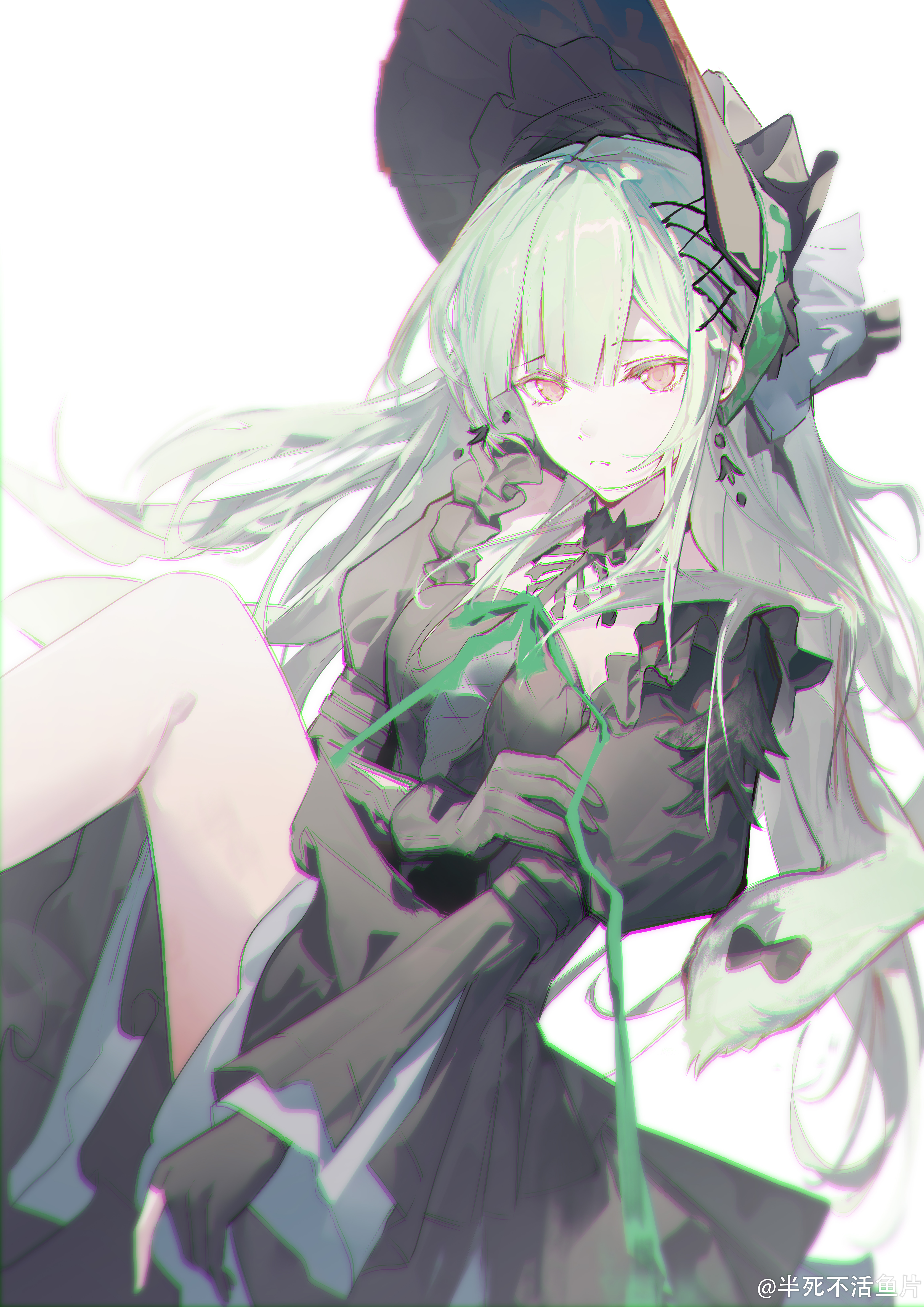 bansibuhuo yu pian, wakaba mutsumi, arknights, bang dream!, bang dream! it's mygo!!!!!, absurdres, chinese commentary, commentary request, highres, 1girl, animal ears, artist name, bilibili username, black dress, black gloves, black hair, chromatic aberration, closed mouth, dress, gloves, green hair, green ribbon, juliet sleeves, long hair, long sleeves, looking at viewer, partially fingerless gloves, puffy sleeves, red eyes, ribbon, simple background, solo, very long ears, wakaba mutsumi (marionette's id), white background
