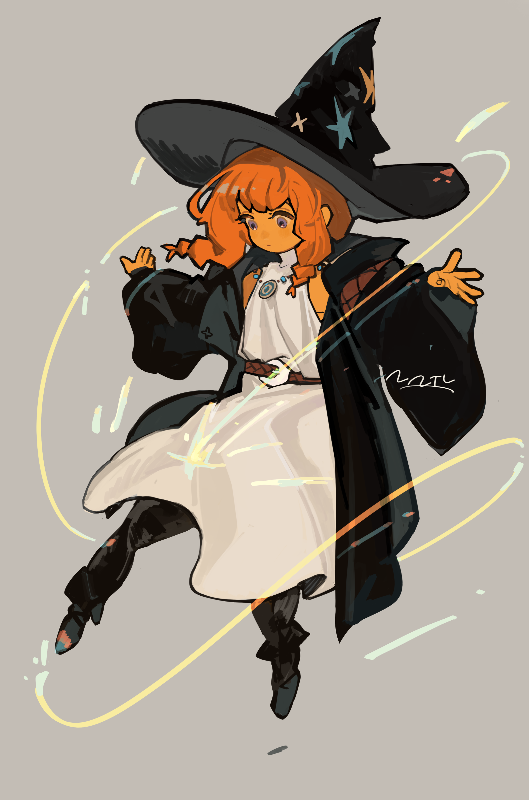 nanora, original, absurdres, commentary, highres, 1girl, artist name, belt, belt buckle, black hat, black pants, black robe, black shoes, braid, braided sidelocks, brown belt, buckle, closed mouth, colored skin, crescent, dress, floating, floating hair, full body, grey background, hat, high heels, jewelry, light trail, long hair, long sleeves, looking down, low twin braids, magic, necklace, open clothes, open robe, orange hair, orange skin, outstretched arms, pants, print hat, purple eyes, robe, shoes, sidelocks, signature, simple background, sleeveless, sleeveless dress, solo, spread arms, star (symbol), star print, turtleneck, turtleneck dress, twin braids, white dress, wide brim, wide sleeves, witch, witch hat