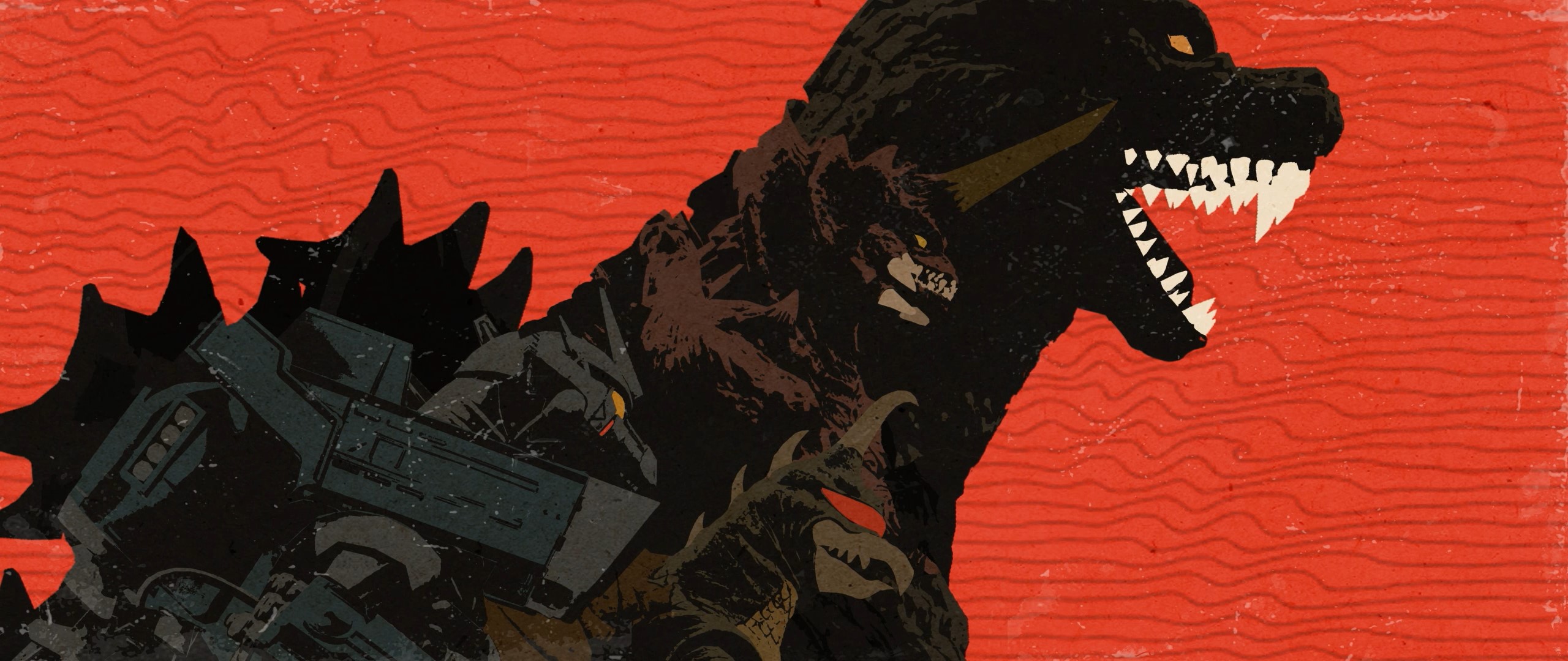 destoroyah, gigan, godzilla, kiryu (godzilla), mechagodzilla, gigabash, godzilla (series), godzilla against mechagodzilla, godzilla vs. destoroyah, godzilla vs. gigan, passion republic games, toho, artist request, highres, key visual, official art, promotional art, alien, ammunition backpack, back unit, cannon, crest, crossover, cyborg, dinosaur, giant, giant monster, giant robot, glowing, glowing eyes, horns, jetpack, kaiju, magnetic weapon, mandibles, mecha, missile launcher, missile pod, no pupils, one-eyed, open mouth, railgun, red background, red eyes, robot, rocket launcher, rocket pod, sharp teeth, simple background, single horn, space monster, spikes, teeth, tongue, tusks, type-0 railgun, weapon, wings, wrist gun, yellow eyes