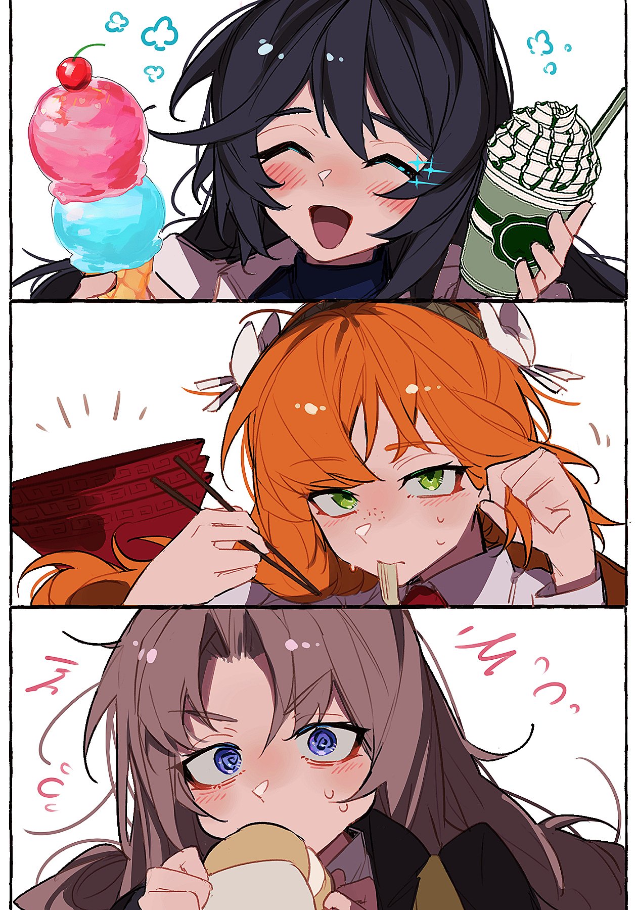 nakame77, hong lu (project moon), ishmael (project moon), rodion (project moon), limbus company, project moon, highres, 1boy, 2girls, :d, black coat, blue eyes, blue shirt, bow, brown hair, chopsticks, closed eyes, coat, collared shirt, cream puff, cup, dieci association south uniform, disposable coffee cup, disposable cup, eating, food, freckles, hair bow, holding, holding chopsticks, holding ice cream cone, ice cream cone, jacket, liu association south uniform, long hair, long sleeves, looking at viewer, multiple girls, necktie, noodles, open mouth, orange hair, red necktie, shirt, simple background, smile, sweatdrop, upper body, w corp. (identity) (project moon), white background, white bow, white jacket, white shirt, wide-eyed