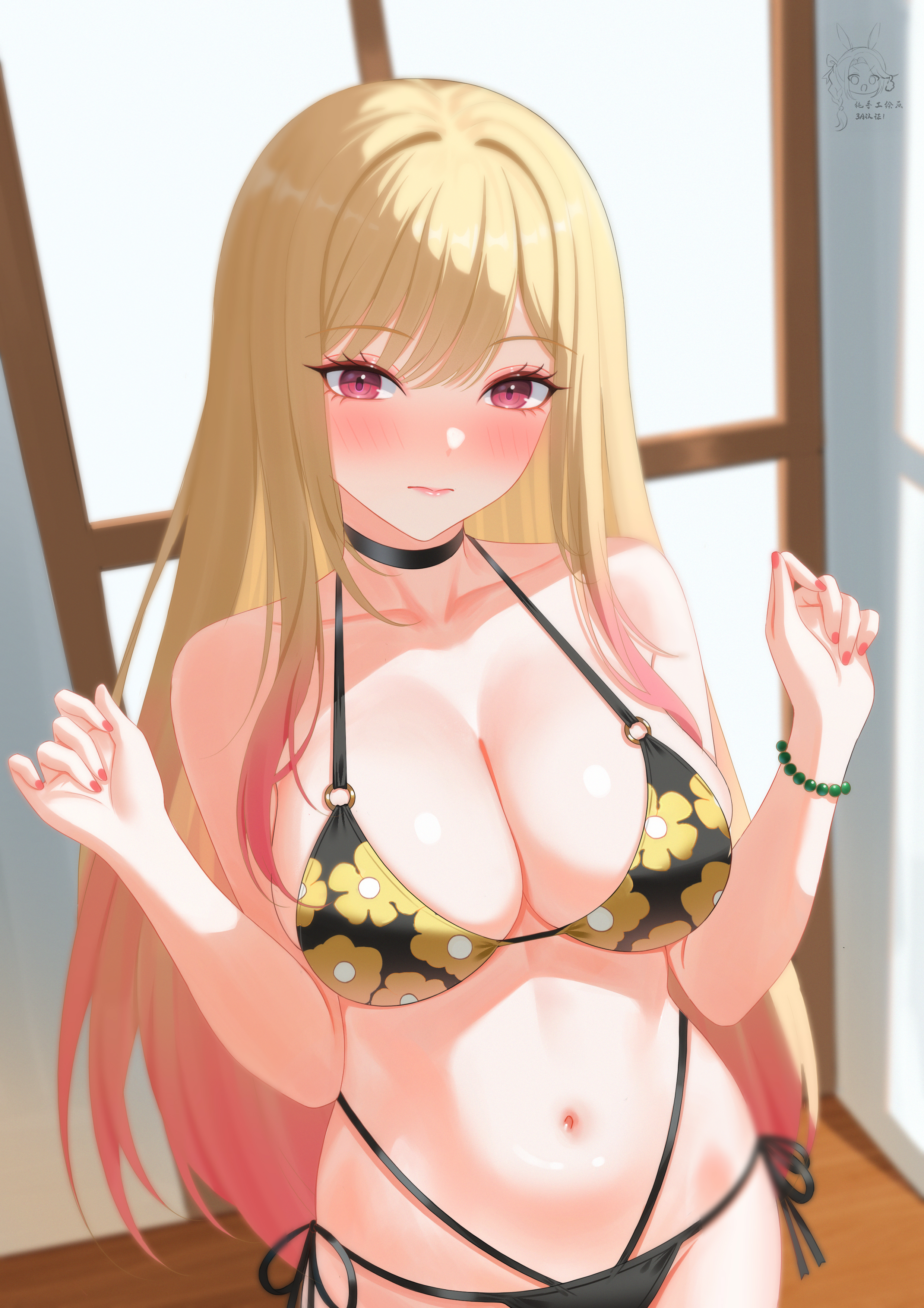 birdking (king33), kitagawa marin, sono bisque doll wa koi wo suru, absurdres, commentary request, highres, artist logo, bikini, black choker, blonde hair, blush, breasts, choker, cleavage, collarbone, floral print bikini, from above, gradient hair, indoors, large breasts, logo, looking at viewer, multicolored hair, nail polish, navel, o-ring, o-ring bikini, pink eyes, pink hair, pink nails, side-tie bikini bottom, swimsuit, wooden floor
