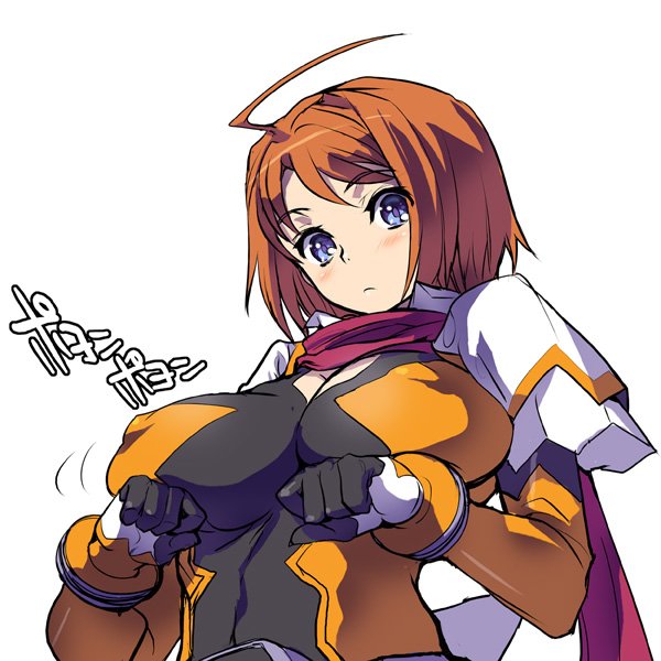 akaga hirotaka, tokiha mai, my-hime, my-otome, translated, 00s, 1girl, ahoge, blue eyes, blush, bodysuit, breast conscious, breast lift, breast rest, breasts, cleavage, covered erect nipples, embarrassed, female focus, huge breasts, large breasts, orange hair, orange shirt, red scarf, scarf, shirt, short hair, skin tight, solo