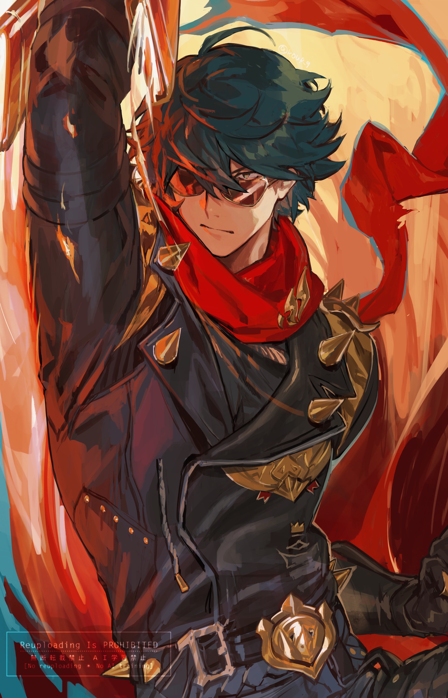 hashibiro kou (garapiko p), lighter (zenless zone zero), zenless zone zero, commentary request, highres, 1boy, belt, belt buckle, black jacket, buckle, green hair, hair over one eye, jacket, leather, leather jacket, male focus, red scarf, scarf, shoulder spikes, solo, spiked jacket, spikes, studded gloves, sunglasses, watermark