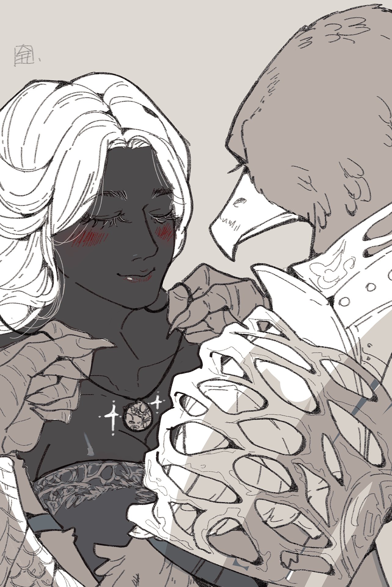 guardian (elden ring), recluse (elden ring), elden ring, elden ring nightreign, highres, 1boy, 1girl, animal head, armor, beak, bird boy, blush, breasts, cleavage, closed eyes, closed mouth, collarbone, dark-skinned female, dark skin, dress, greyscale, hands up, holding, holding jewelry, holding necklace, jewelry, long hair, monochrome, necklace, pauldrons, shoulder armor, simple background, smile, spot color, upper body, valunart, vambraces