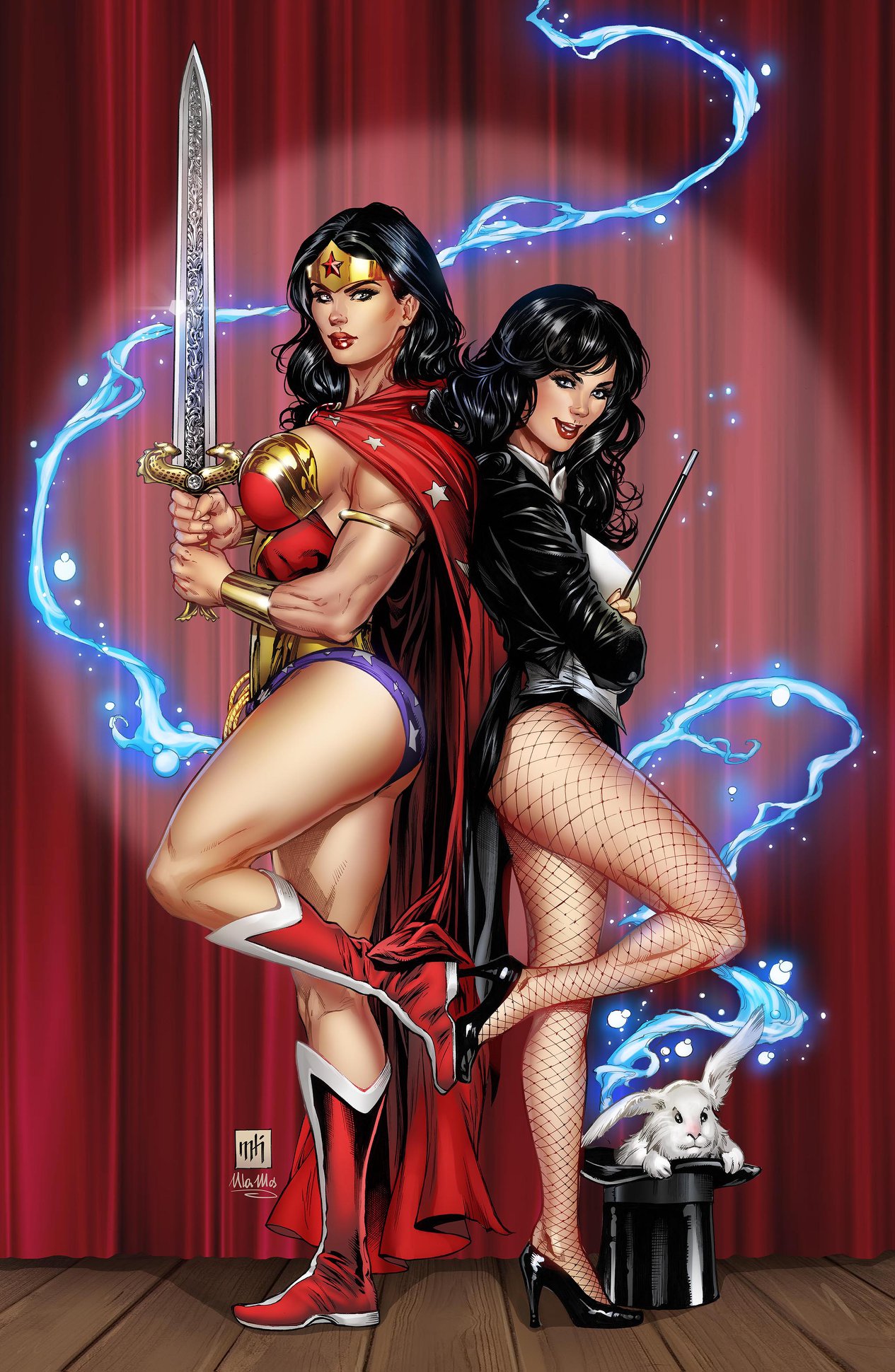 mike krome, wonder woman, zatanna zatara, dc comics, wonder woman (series), highres, 2girls, artist logo, black hair, black hat, black jacket, black shoes, boots, cape, curtains, electricity, fishnet pantyhose, fishnets, hat, high heels, holding, holding sword, holding wand, holding weapon, jacket, logo, long hair, looking at viewer, magic, multiple girls, pantyhose, rabbit, red boots, red cape, shoes, signature, sword, tiara, top hat, wand, weapon, wooden floor