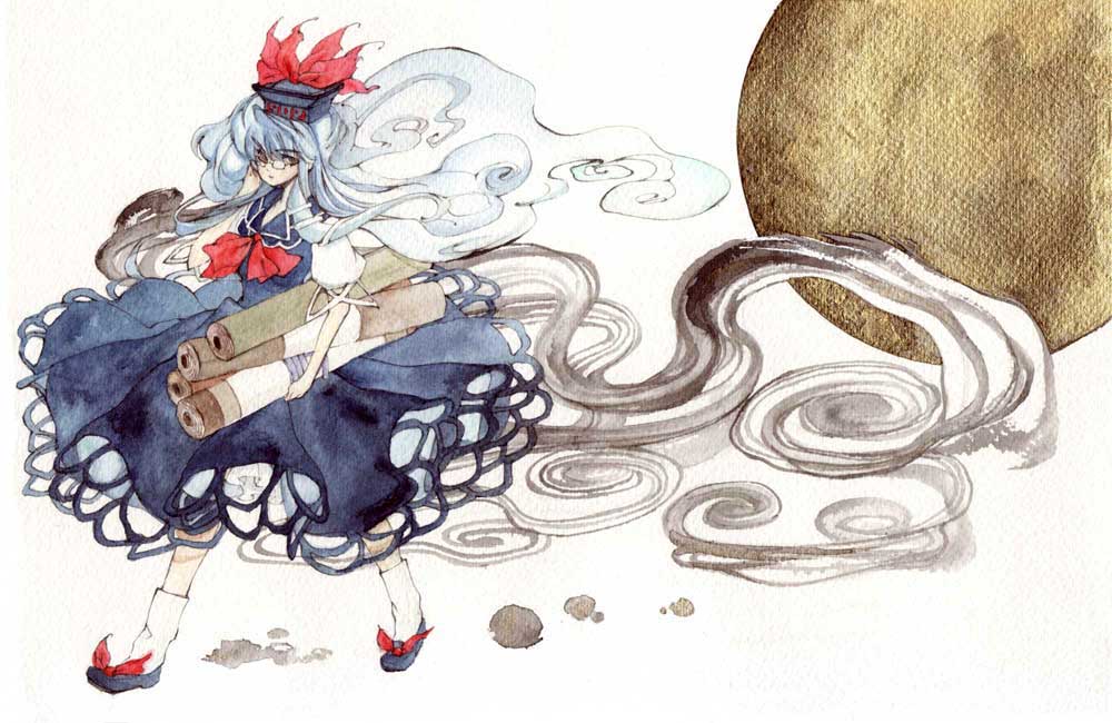 koyomiuta, kamishirasawa keine, touhou, silver hair, bad id, bad pixiv id, painting (medium), traditional media, watercolor (medium), 1girl, blue hair, dress, female focus, glasses, hat, long hair, scroll, shoes, socks, solo, white background