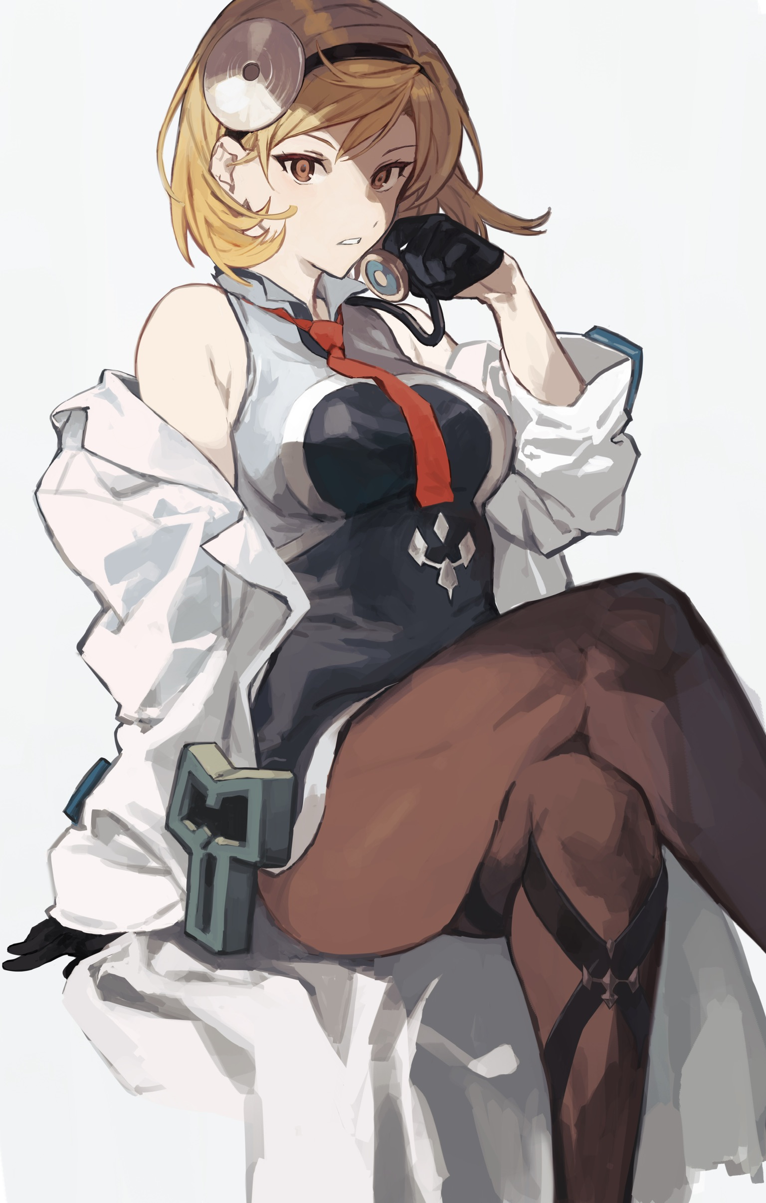 hashibiro kou (garapiko p), djeeta (granblue fantasy), doctor (granblue fantasy), granblue fantasy, absurdres, commentary request, highres, 1girl, black gloves, blonde hair, breasts, brown pantyhose, crossed legs, feet out of frame, gloves, half gloves, lab coat, medium breasts, necktie, pantyhose, simple background, sitting, stethoscope, white background