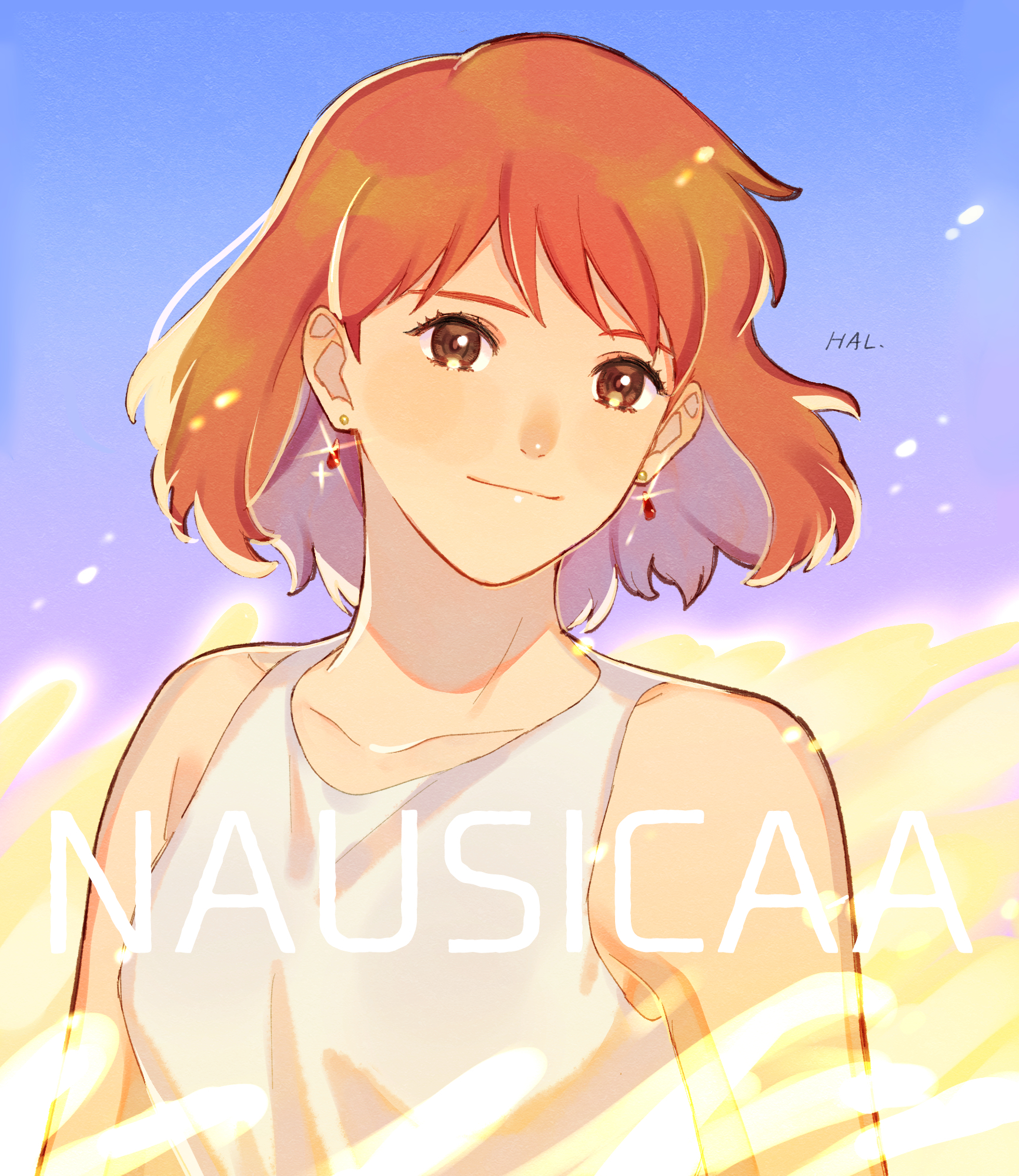 honoboooono, nausicaa, kaze no tani no nausicaa, commentary request, highres, 1girl, arms at sides, artist name, bare shoulders, blue background, breasts, brown eyes, brown hair, character name, closed mouth, collarbone, earrings, facing viewer, floating hair, glint, glowing, gradient background, jewelry, light particles, light smile, looking afar, purple background, see-through clothes, short hair, simple background, small breasts, solo, tank top, tareme, upper body, white tank top