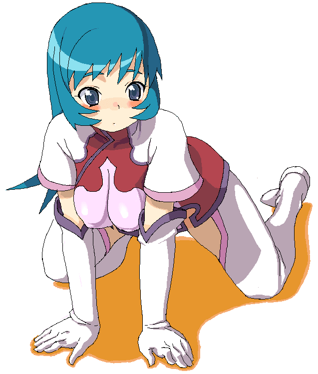lunch (shin new), kotona elegance, zoids, zoids genesis, 00s, 1girl, all fours, blue eyes, blue hair, blush, boots, breasts, elbow gloves, female focus, gloves, hanging breasts, large breasts, long hair, matching hair/eyes, oekaki, ponytail, skirt, solo, thighhighs, white boots
