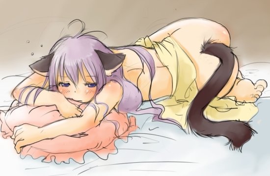 setouchi kurage, 1girl, animal ears, blush, cat ears, cat tail, female focus, frilled pillow, frills, long hair, lying, nude, pillow, purple eyes, purple hair, sleepy, solo, tail