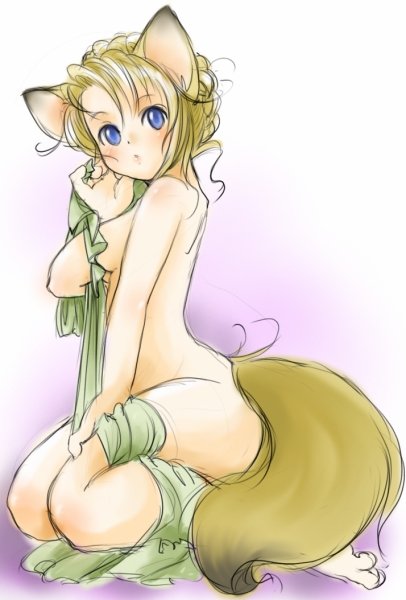 setouchi kurage, 1girl, animal ears, blonde hair, blue eyes, breasts, covering privates, female focus, fox ears, fox tail, full body, gradient background, kneeling, nude, nude cover, sitting, small breasts, solo, tail