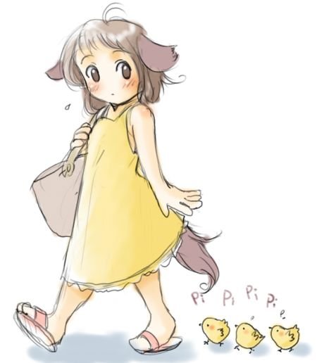 setouchi kurage, animal ears, baby animal, bag, bird, blush, brown eyes, brown hair, chick, dog ears, dog tail, dress, short hair, solo, tail, walking