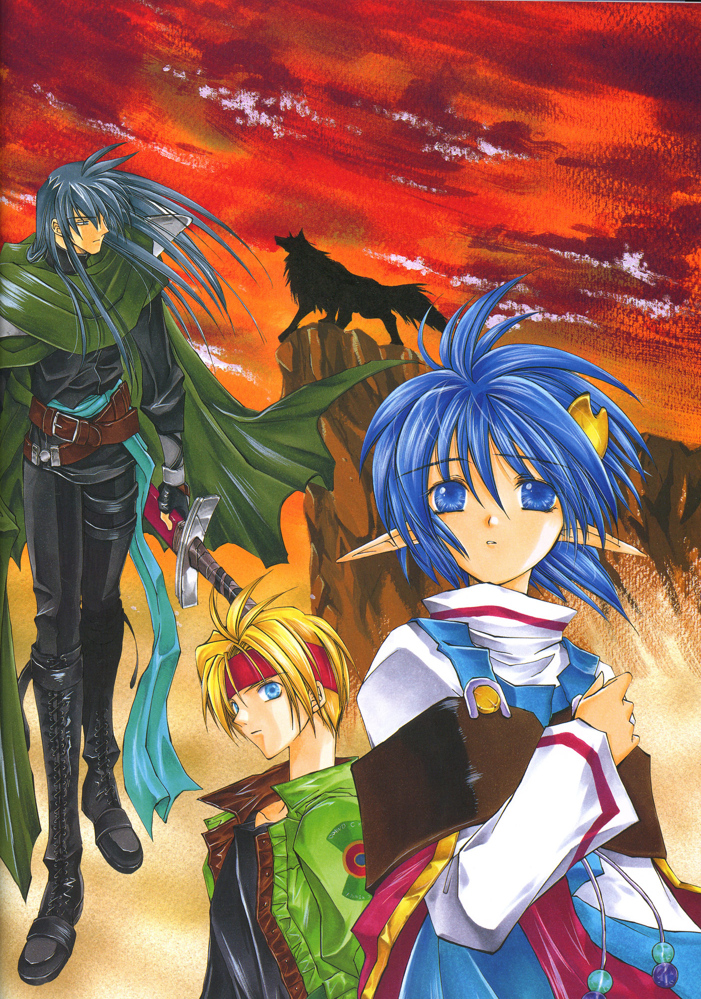 azuma mayumi, claude c. kenny, dias flac, rena lanford, star ocean, star ocean: the second story, star ocean ex, highres, scan, 00s, 1990s (style), 1girl, 2boys, blue eyes, blue hair, boots, cape, crescent, crescent hair ornament, hair ornament, knee boots, multiple boys, pointy ears, retro artstyle, sword, weapon, wolf