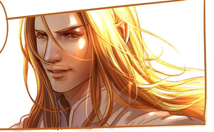 pixiv id 2511650, sauron, the silmarillion, tolkien's legendarium, 1boy, blonde hair, collar, floating hair, long hair, male focus, parted lips, pointy ears, simple background, solo, teeth, upper teeth only, white background