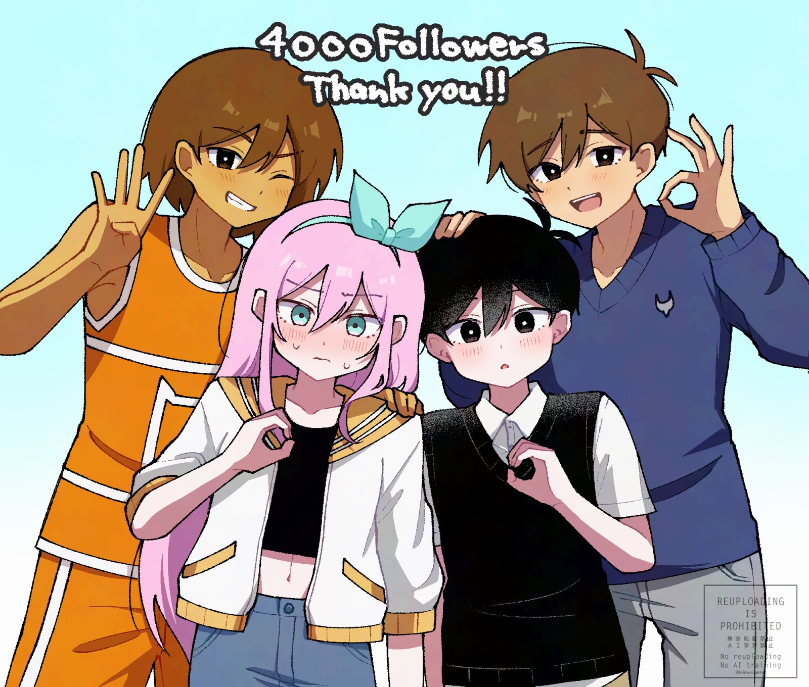 kiimorisame, aubrey (faraway) (omori), aubrey (omori), hero (faraway) (omori), hero (omori), kel (faraway) (omori), kel (omori), sunny (omori), omori, highres, 1girl, 3boys, alternate eye color, antenna hair, black eyes, black hair, black sweater vest, blue eyes, blue hairband, blue skirt, blue sweater, blush, bright pupils, brothers, brown hair, closed mouth, collarbone, collared shirt, crop top, dark-skinned male, dark skin, denim, denim skirt, double-parted bangs, english text, grey pants, grin, hair between eyes, hairband, hand on another's head, hand on another's shoulder, jacket, long hair, long sleeves, looking at viewer, milestone celebration, multiple boys, navel, ok sign, one eye closed, open mouth, orange shorts, pants, parted lips, pink hair, shirt, short-sleeved jacket, short hair, short sleeves, shorts, siblings, skirt, smile, sweat, sweater, sweater vest, teeth, upper teeth only, white jacket, white pupils, white shirt