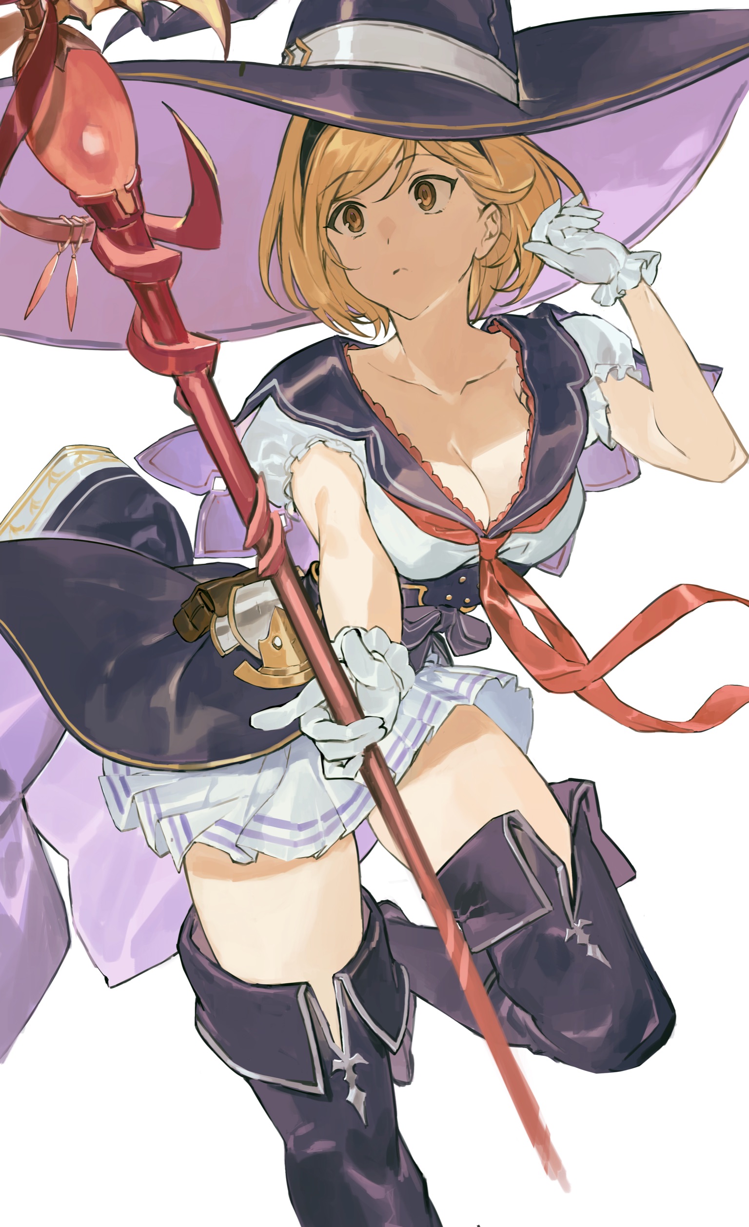 hashibiro kou (garapiko p), djeeta (granblue fantasy), warlock (granblue fantasy), granblue fantasy, absurdres, commentary request, highres, 1girl, black boots, black capelet, black hairband, black hat, blonde hair, boots, breasts, brown eyes, capelet, cleavage, frilled gloves, frills, gloves, hairband, hat, holding, holding staff, large breasts, looking to the side, low-cut, neckerchief, pleated skirt, puffy short sleeves, puffy sleeves, purple hat, red neckerchief, shirt, short hair, short sleeves, simple background, skirt, solo, staff, thigh boots, white background, white gloves, white shirt, witch hat