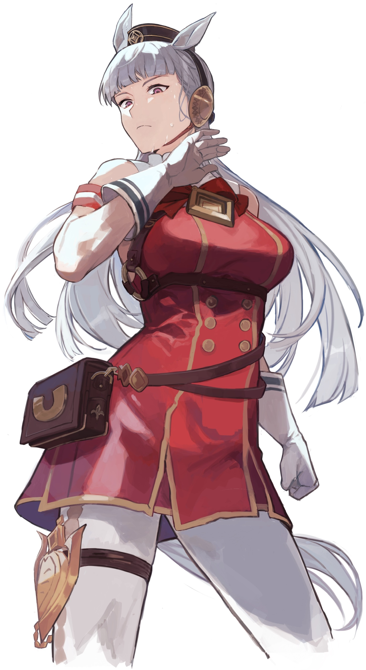 hashibiro kou (garapiko p), gold ship (umamusume), umamusume, absurdres, commentary request, highres, 1girl, animal ears, dress, gloves, hat, horse ears, horse girl, horse tail, long hair, looking at viewer, looking down, pantyhose, red dress, serious, sleeveless, sleeveless dress, solo, standing, sweatdrop, tail, white background, white hair