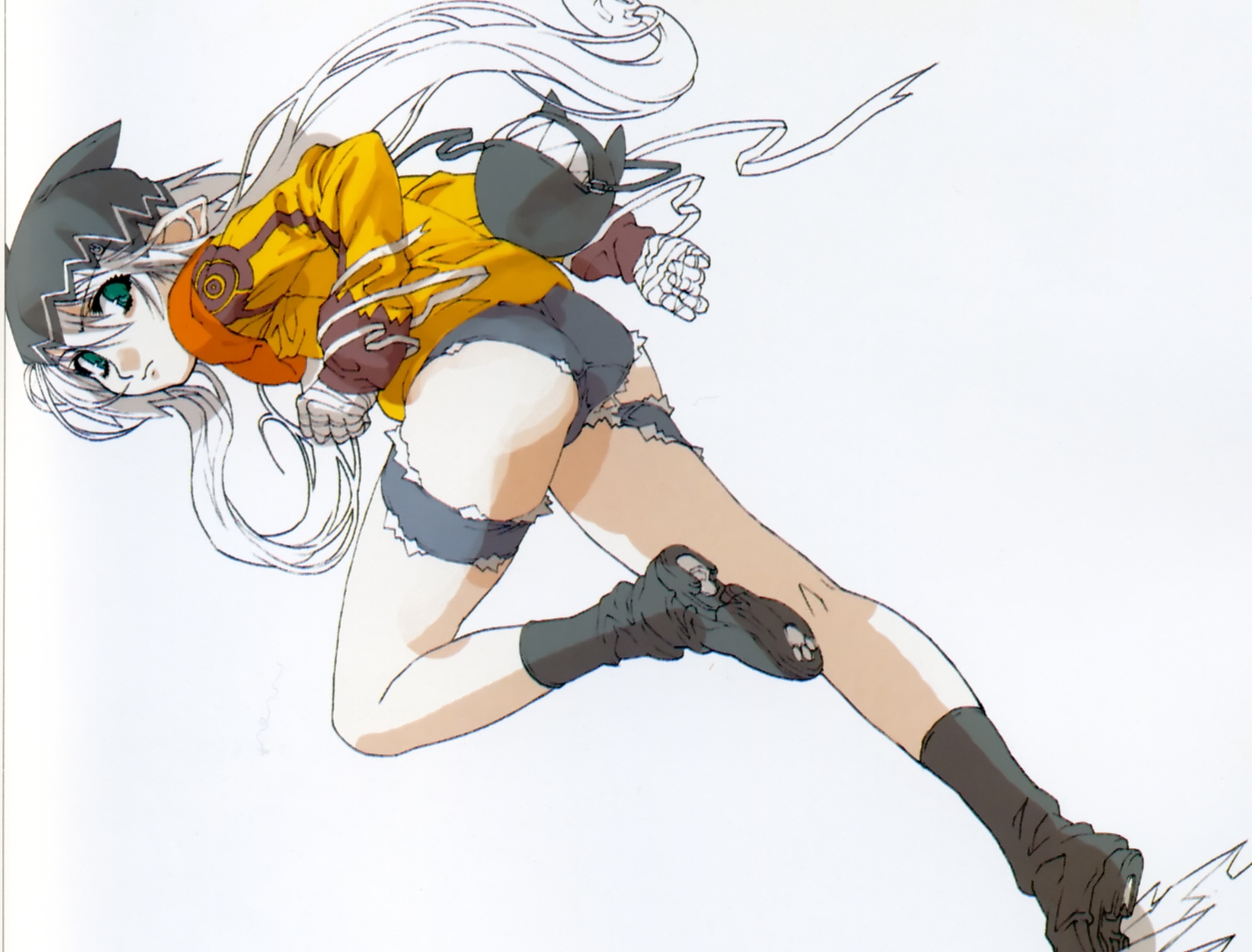 kaze no ushiro wo ayumumono (kazeko), jingai makyou, highres, boots, green eyes, pointy ears, white hair