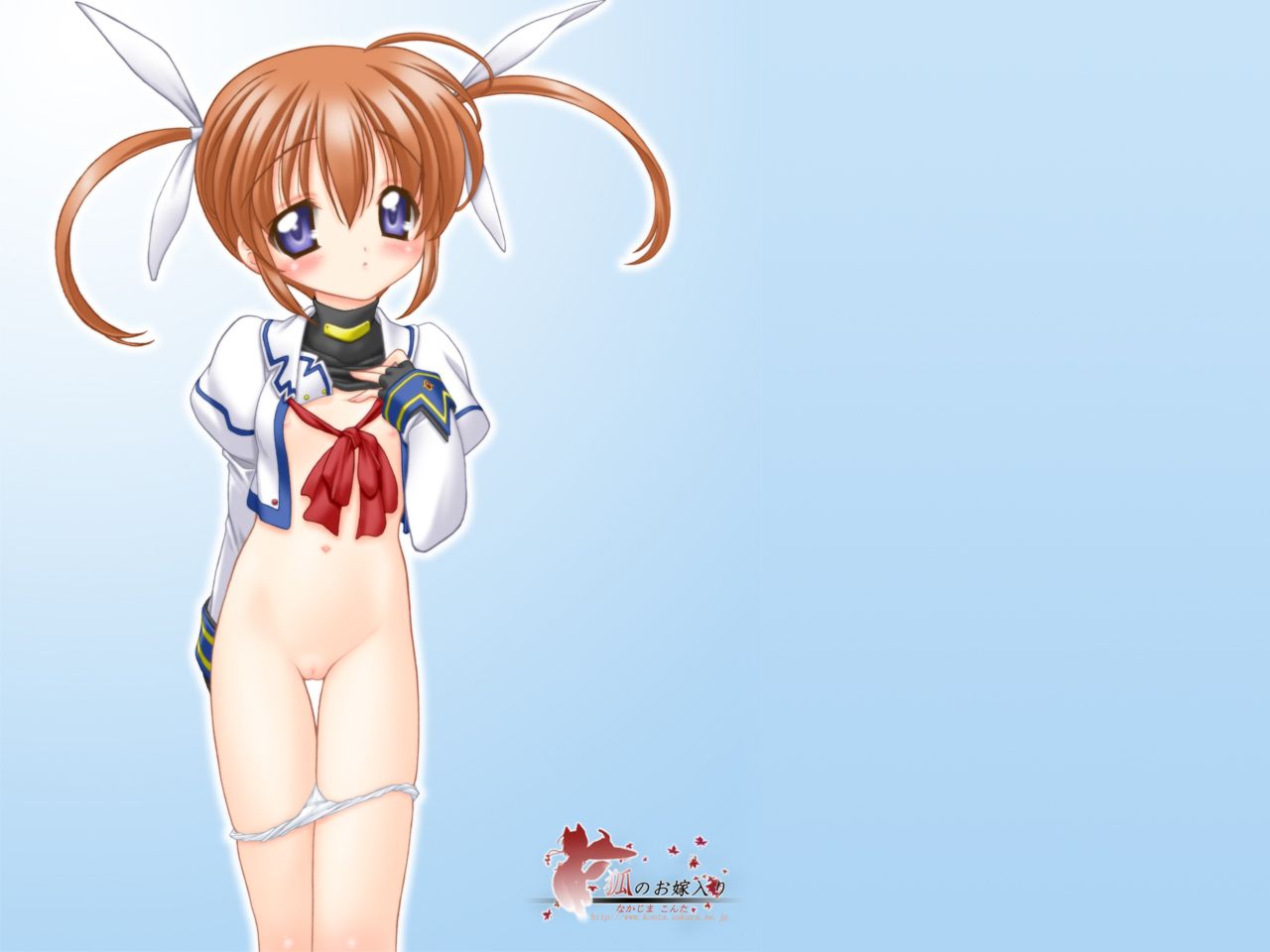 takamachi nanoha, lyrical nanoha, mahou shoujo lyrical nanoha, tagme, 00s, 1girl, female focus, hair ribbon, loli, navel, nipples, orange hair, panties, panty pull, pussy, ribbon, solo, twintails, underwear