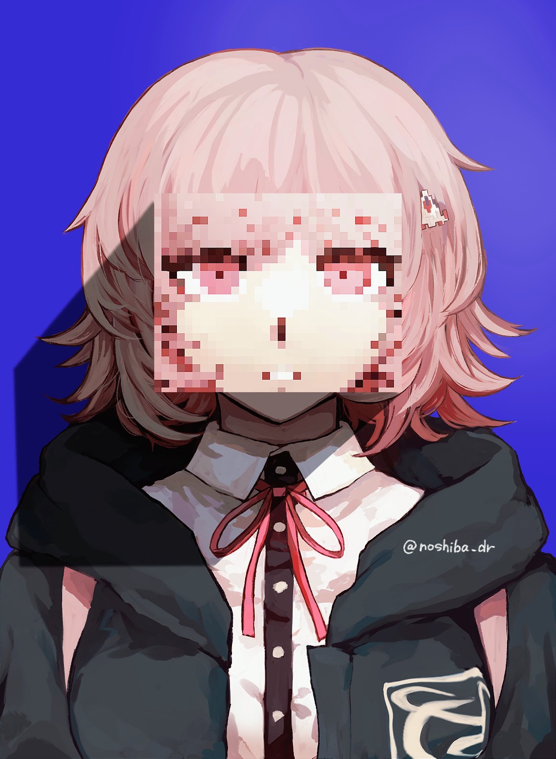 tetose, nanami chiaki, danganronpa (series), danganronpa 2: goodbye despair, highres, 1girl, breasts, brown hair, collared shirt, flipped hair, hair ornament, jacket, long sleeves, looking at viewer, medium hair, neck ribbon, open clothes, open jacket, pink eyes, pink ribbon, pixelated, ribbon, shirt, solo, teeth, white shirt