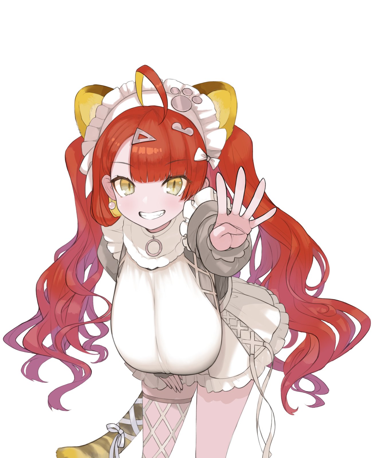 mikasayaki, indie virtual youtuber, highres, 1girl, :d, ahoge, animal ears, arm up, breasts, cowboy shot, dress, fishnet thighhighs, fishnets, frilled skirt, frills, gaou torai, hair ornament, hairclip, huge breasts, leaning forward, long hair, long sleeves, looking at viewer, miniskirt, o-ring, open hand, open mouth, pawpads, reaching, reaching towards viewer, red hair, ribbon, sagging breasts, single thighhigh, skirt, smile, solo, striped tail, tail, tail ornament, teeth, thighhighs, tiger ears, tiger girl, tiger tail, twintails, white background, white dress, white headdress, white ribbon, yellow eyes