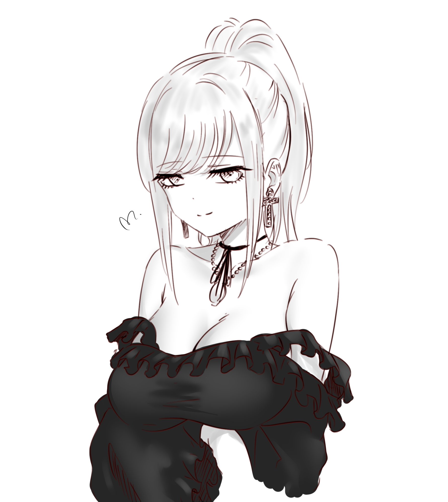 mitsugu, alice lendrott, shinigami bocchan to kuro maid, commentary request, highres, 1girl, bare shoulders, breasts, choker, cleavage, closed mouth, cropped torso, cross, cross earrings, double strap slip, dress, earrings, greyscale, high ponytail, jewelry, large breasts, locket, monochrome, necklace, pendant, ponytail, ribbon choker, sidelocks, simple background, smile, solo, split mouth, swept bangs, white background