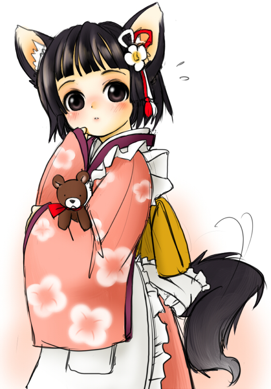 setouchi kurage, animal ears, black eyes, black hair, blush, hair ornament, japanese clothes, kimono, short hair, solo, stuffed animal, stuffed toy, tail, teddy bear