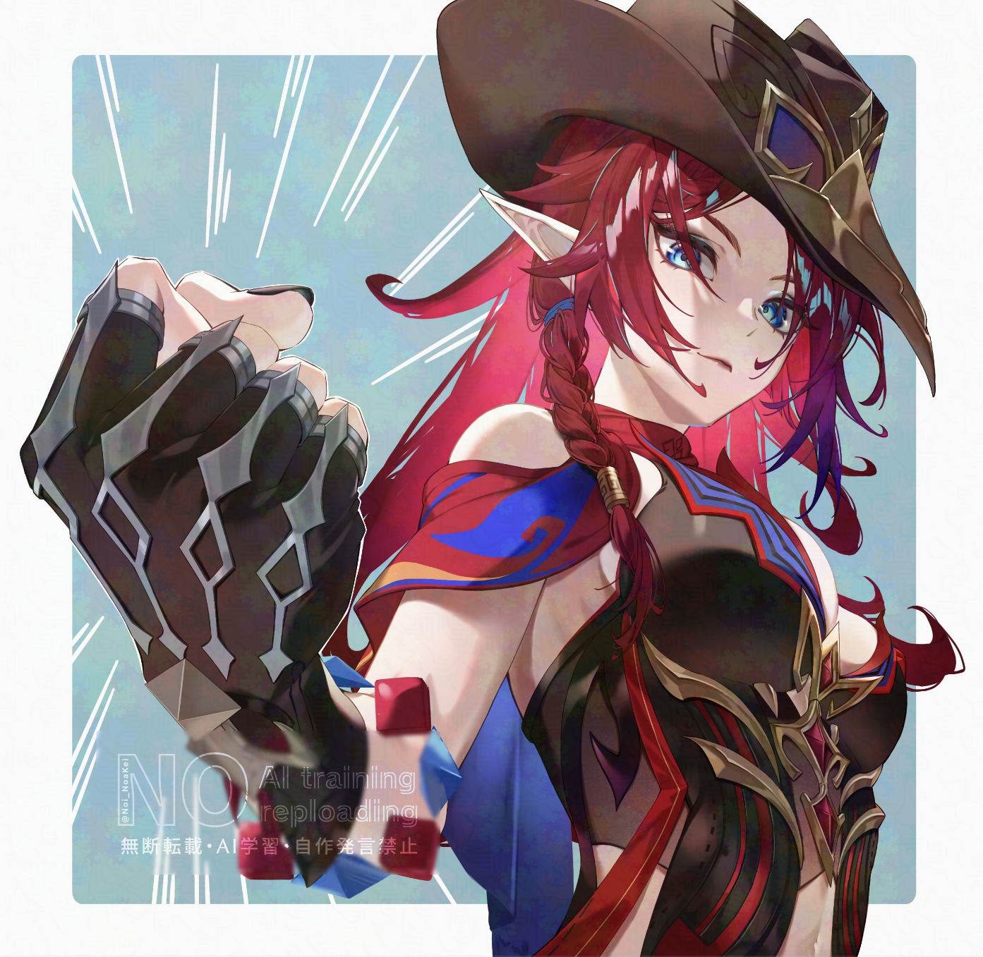 noi noakei, chasca (genshin impact), genshin impact, highres, 1girl, bandana, bandana around neck, biker clothes, bikesuit, bodysuit, cowboy hat, elf, gloves, hat, pointy ears, red hair, solo, watermark