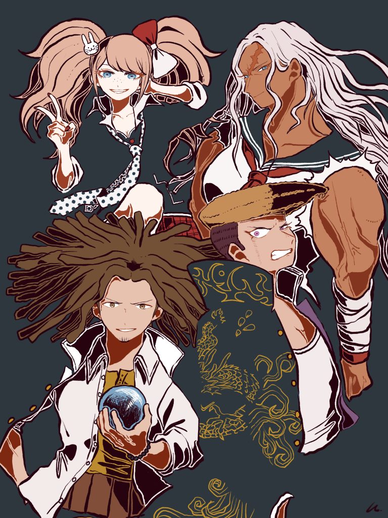 kiri (2htkz), enoshima junko, hagakure yasuhiro, ikusaba mukuro, ogami sakura, owada mondo, danganronpa: trigger happy havoc, danganronpa (series), commentary request, 2boys, 2girls, ball, bandaged arm, bandages, black background, black sailor collar, black theme, blonde hair, blue eyes, bow, bracelet, brown eyes, brown hair, clenched teeth, closed mouth, collared shirt, cosplay, crystal ball, dark-skinned female, dark skin, dreadlocks, enoshima junko (cosplay), eyelashes, facial hair, fingernails, freckles, glaring, goatee, hair bow, hair ornament, holding, holding ball, jacket, jewelry, long hair, multiple boys, multiple girls, muscular, muscular female, nail polish, neckerchief, necktie, negative space, open clothes, open jacket, polka dot necktie, pompadour, purple eyes, rabbit hair ornament, red nails, red neckerchief, sailor collar, scar, scar on face, shirt, short hair, simple background, smile, teeth, torn clothes, torn shirt, twintails, two-tone bow, v, v-shaped eyebrows, veins, white hair, white jacket, white necktie, white shirt, yellow shirt
