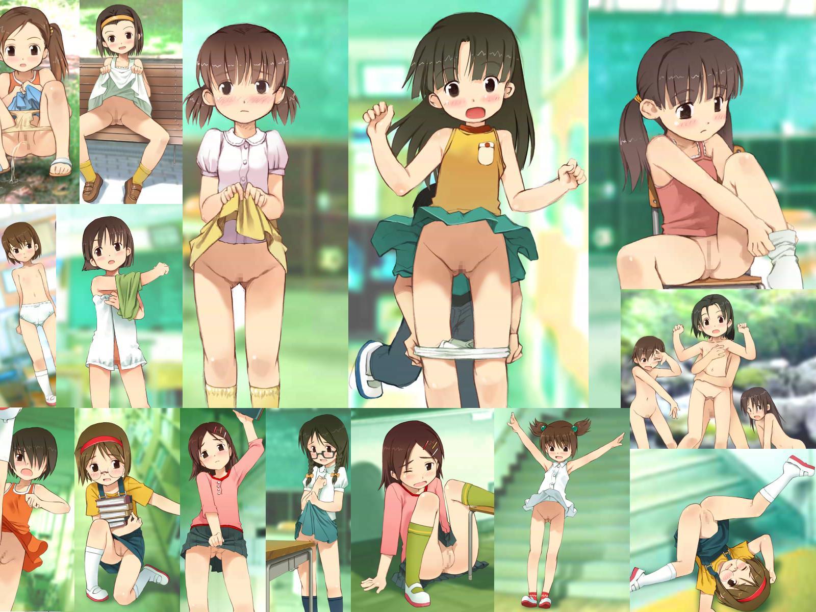 yoshida seiji, shouwa no koro no h na omoide, sol-fa-soft, highres, 1boy, 6+girls, assisted exposure, blush, bow, braid, brown hair, brown panties, censored, clothes lift, collage, crotch rub, day, fallen down, flat chest, glasses, gluteal fold, hair bow, hairband, kneeling, lifting own clothes, loli, mosaic censoring, multiple girls, nipples, no panties, nose blush, nude, outdoors, panties, pantsing, panty pull, pee, peeing, public indecency, public nudity, pussy, short hair, sitting, skirt, skirt lift, spread legs, squatting, standing, surprised, thigh gap, twintails, underwear, upskirt, white panties, zenra