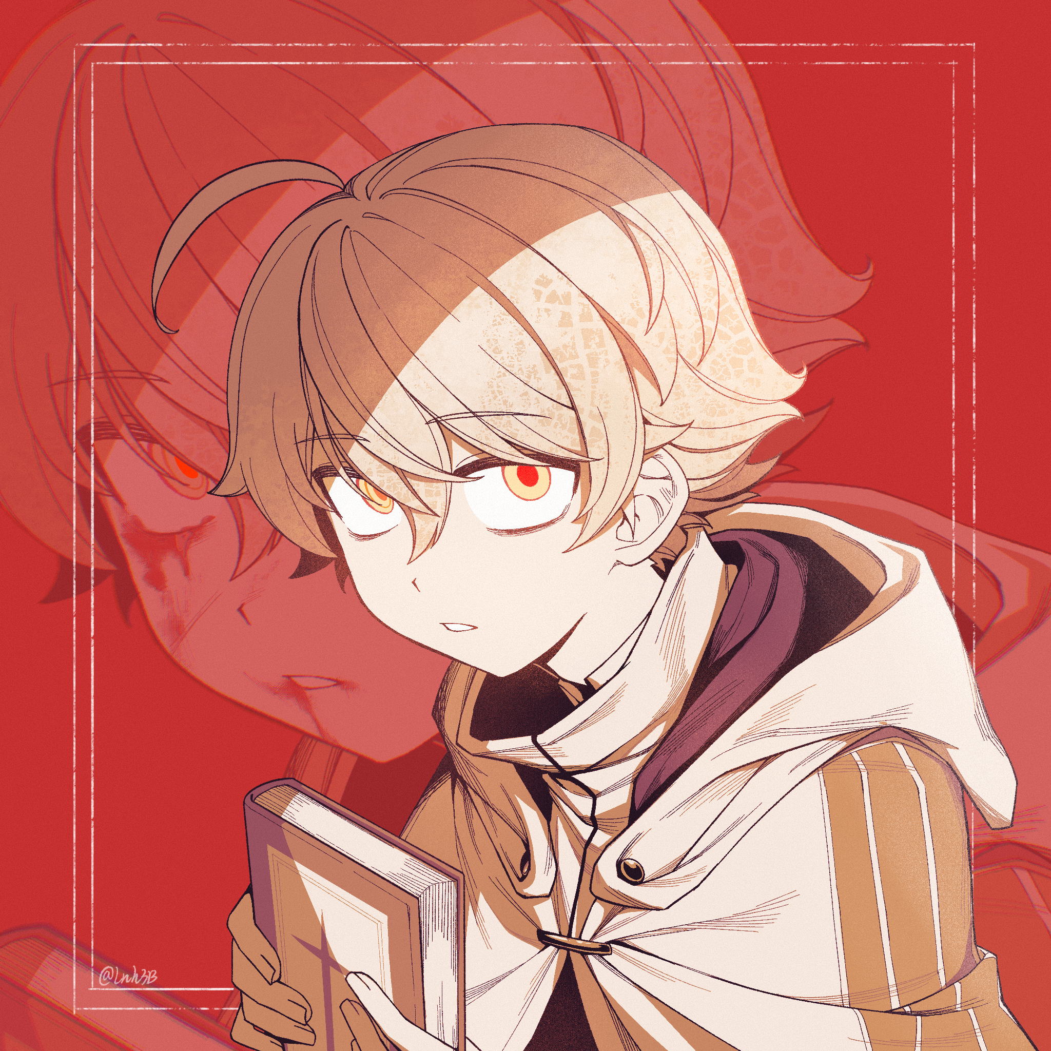 shuanghu-miku, exorcist wo otosenai, commentary, highres, 1boy, ahoge, bags under eyes, blonde hair, blood, blood from mouth, bloody tears, book, capelet, expressionless, father-kun (exorcist wo otosenai), holding, holding book, hood, hooded capelet, looking at viewer, parted lips, red pupils, robe, short hair, twitter username, yellow eyes