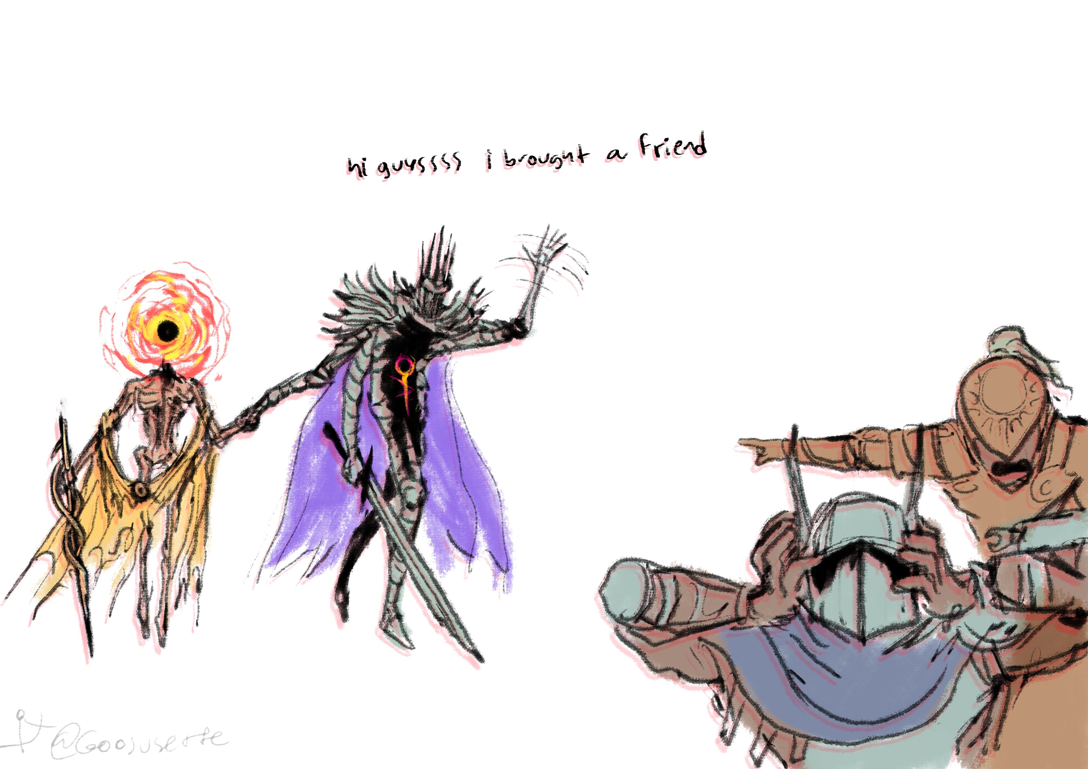 goosusette, executor (elden ring), midra lord of frenzied flame, wylder (elden ring), elden ring, elden ring nightreign, absurdres, commentary, english commentary, highres, 4boys, arm up, armor, blue scarf, breastplate, brown gloves, cape, covered eyes, emaciated, english text, extra arms, fire, flaming head, full body, gauntlets, gloves, greaves, hands on own head, headless, helmet, helmet over eyes, heolstor the nightlord, holding, holding sword, holding weapon, male focus, multiple boys, plume, pointing, purple cape, robe, scarf, simple background, spiked helmet, sword, torn clothes, torn robe, waving, weapon, white background, winged helmet, yellow robe
