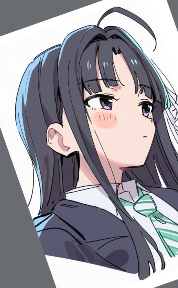 awa subaru, girls band cry, 1girl, ahoge, am 0410, black hair, blue necktie, blush, closed mouth, diagonal-striped clothes, diagonal-striped necktie, hair intakes, long hair, necktie, purple eyes, sidelocks, solo, striped clothes, upper body