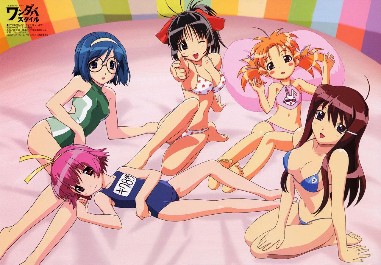 akimo ayame, fuyude yuri, haruno sakura (wandaba style), kiku 8, natsuwa himawari, wandaba style, 00s, 5girls, barefoot, bed, bikini, black eyes, black hair, blue eyes, blue hair, bow, breasts, brown eyes, brown hair, cleavage, feet, glasses, hair bow, hair ornament, hairband, hairclip, large breasts, long hair, lying, multiple girls, navel, one-piece swimsuit, one eye closed, orange hair, pink eyes, pink hair, polka dot, polka dot bikini, school swimsuit, short hair, smile, soles, swimsuit, tankini, toes, twintails, watermark, wink