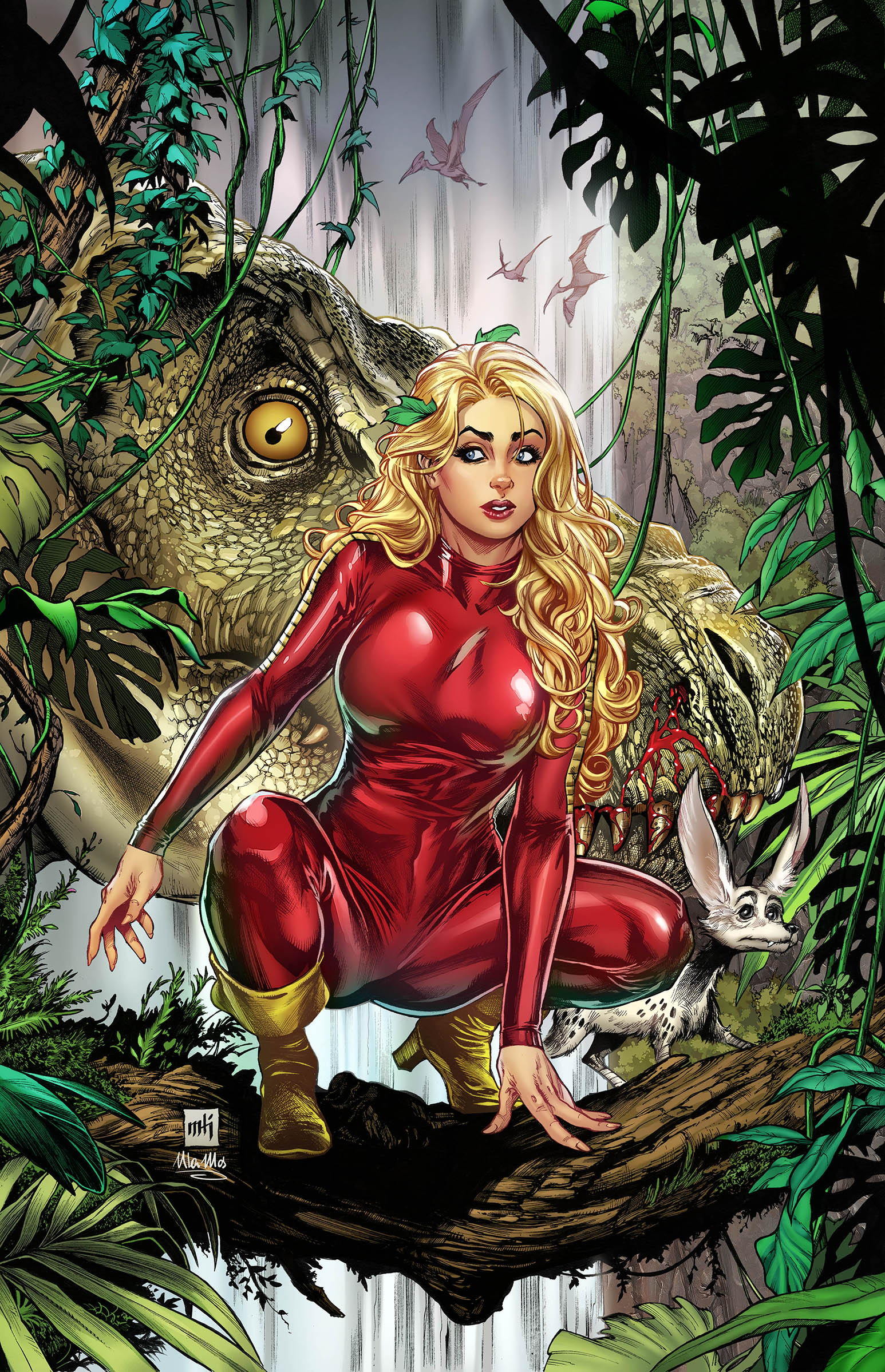 mike krome, ula mos, barbarella, artist collaboration, highres, 1girl, barbarella (comics), blonde hair, blue eyes, bodysuit, boots, day, dinosaur, jungle, leaf, long hair, looking to the side, nature, on branch, outdoors, plant, red bodysuit, solo, squatting, tyrannosaurus rex, vines, vix (barbarella), water, waterfall, yellow boots