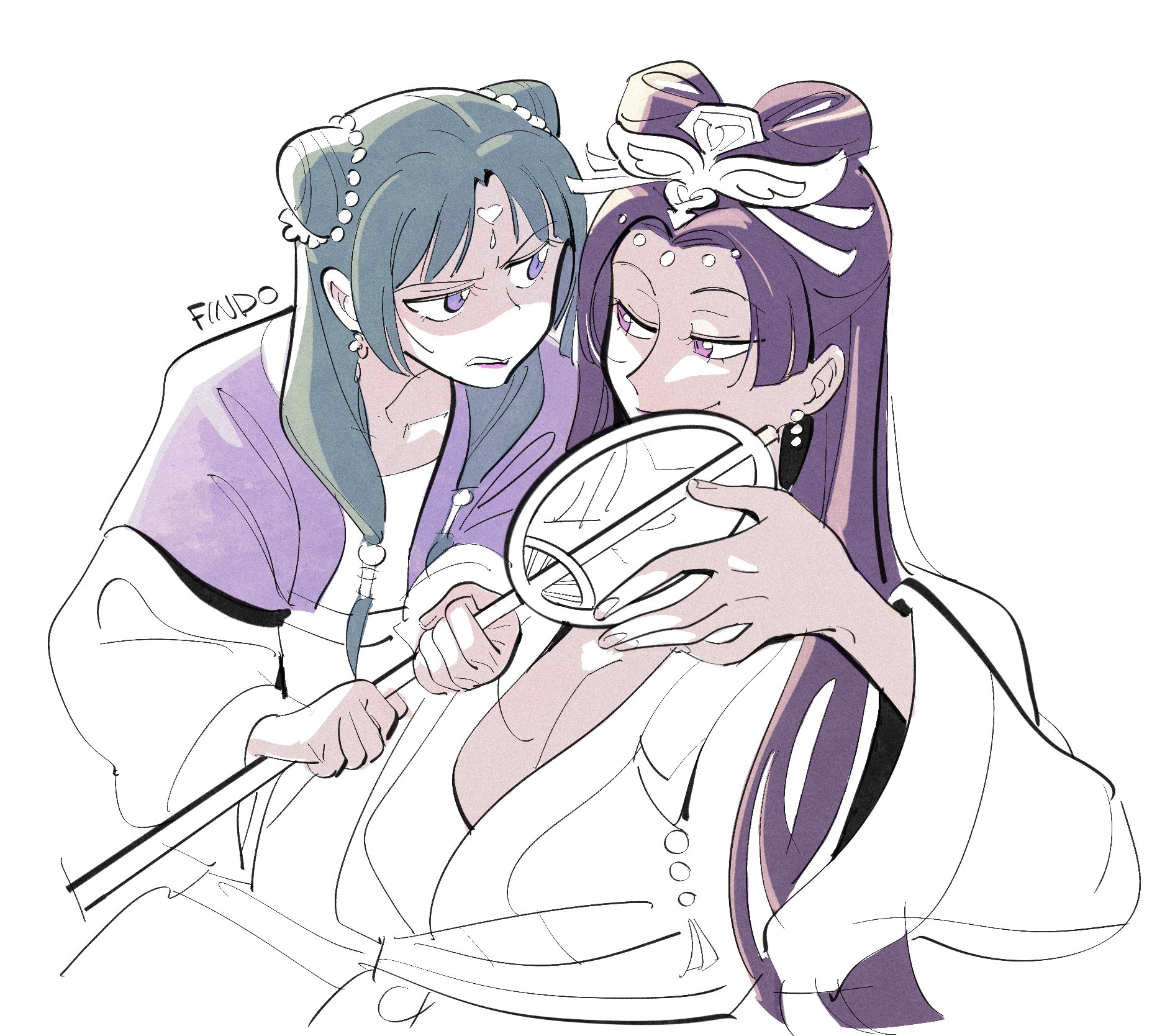 findoworld, jinshi (kusuriya no hitorigoto), maomao (kusuriya no hitorigoto), kusuriya no hitorigoto, hashtag-only commentary, highres, 1boy, 1girl, earrings, eye contact, hair bun, holding, jewelry, long hair, looking at another, purple eyes, purple hair, sidelocks, signature, simple background, smirk, twintails, upper body, white background, wide sleeves