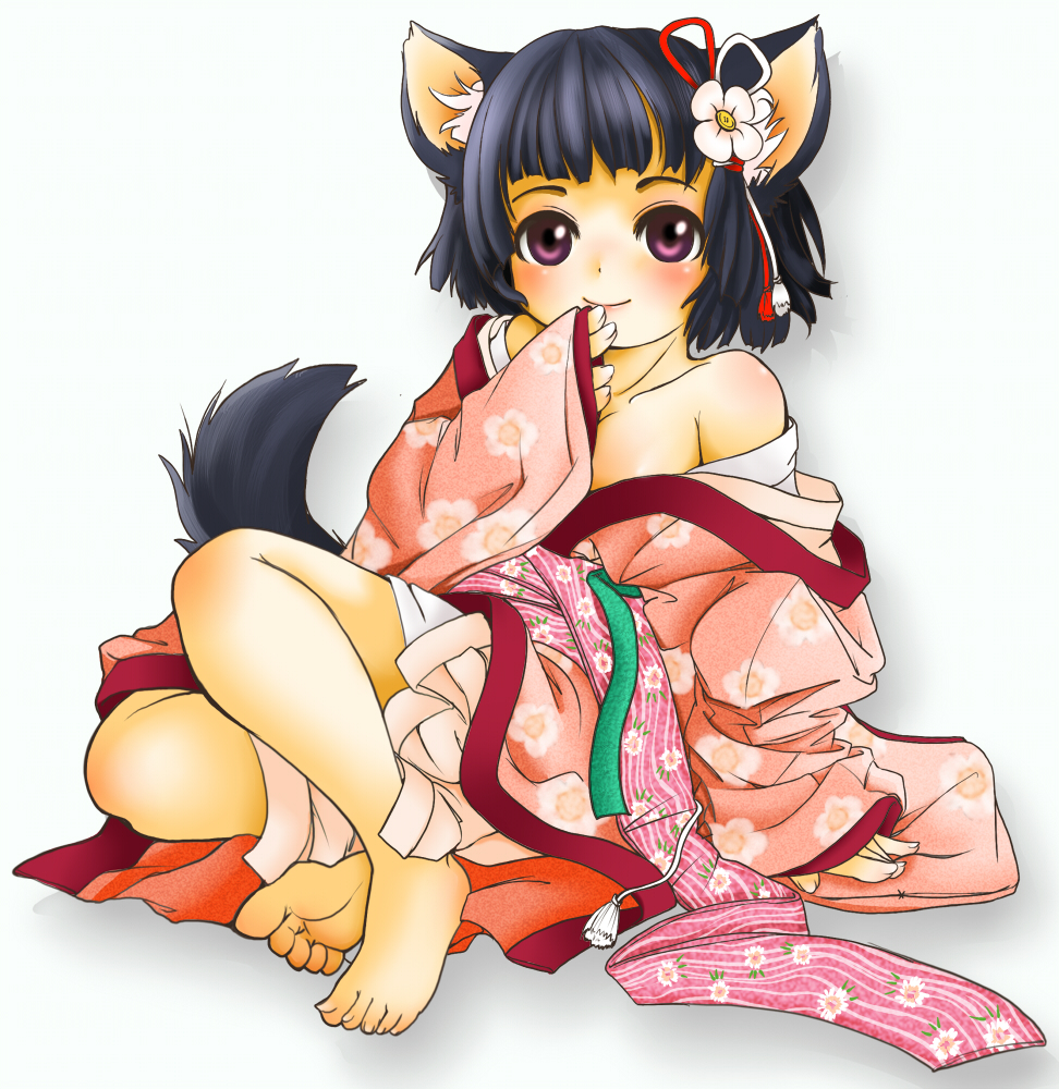 setouchi kurage, animal ears, barefoot, black hair, feet, hair ornament, japanese clothes, kimono, purple eyes, short hair, sitting, smile, solo, tail