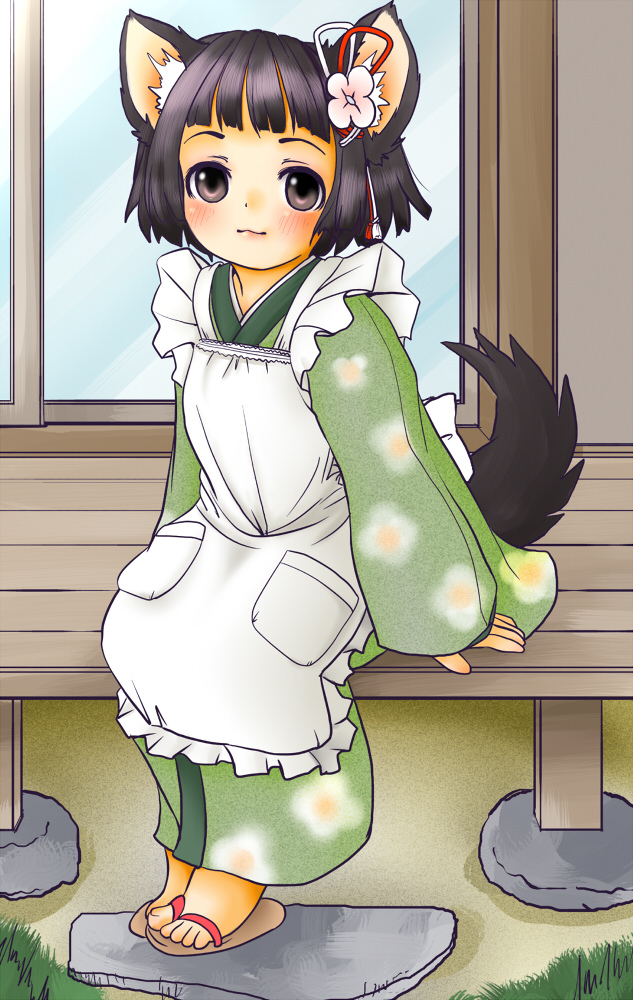 setouchi kurage, original, 1girl, animal ears, apron, black eyes, black hair, female focus, hair ornament, japanese clothes, kimono, maid, porch, short hair, sitting, smile, solo, tail, veranda, wa maid