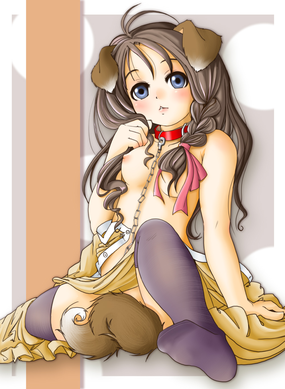 setouchi kurage, highres, 1girl, animal ears, blue eyes, blush, braid, breasts, brown hair, collar, female focus, leash, long hair, nude, side braid, sitting, small breasts, solo, tail, thighhighs