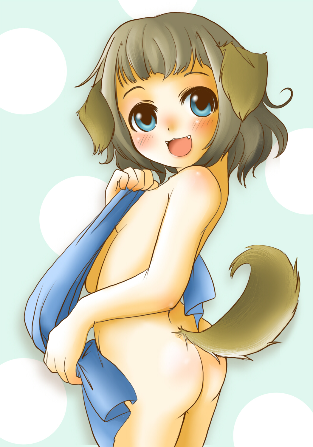 setouchi kurage, highres, animal ears, ass, back, blue eyes, blush, covering privates, fang, fangs, happy, looking back, nude, nude cover, short hair, tail, towel