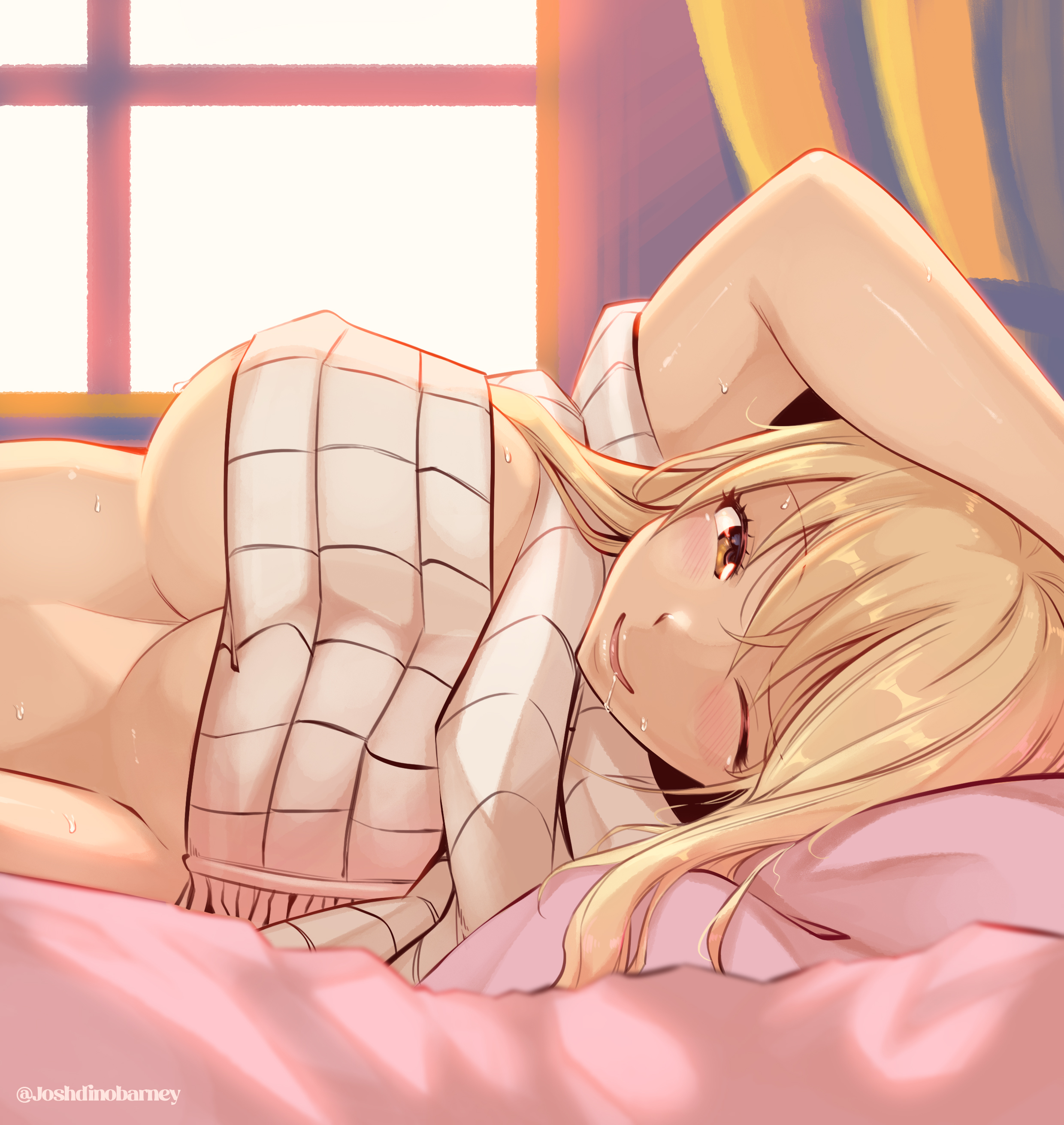 joshdinobarney, lucy heartfilia, fairy tail, absurdres, commentary, highres, paid reward available, 1girl, arm up, artist name, blonde hair, breasts, brown eyes, large breasts, looking at viewer, lying, naked scarf, on side, one eye closed, open mouth, scarf, scarf over breasts, sidelocks, solo, underboob, upper body, white scarf