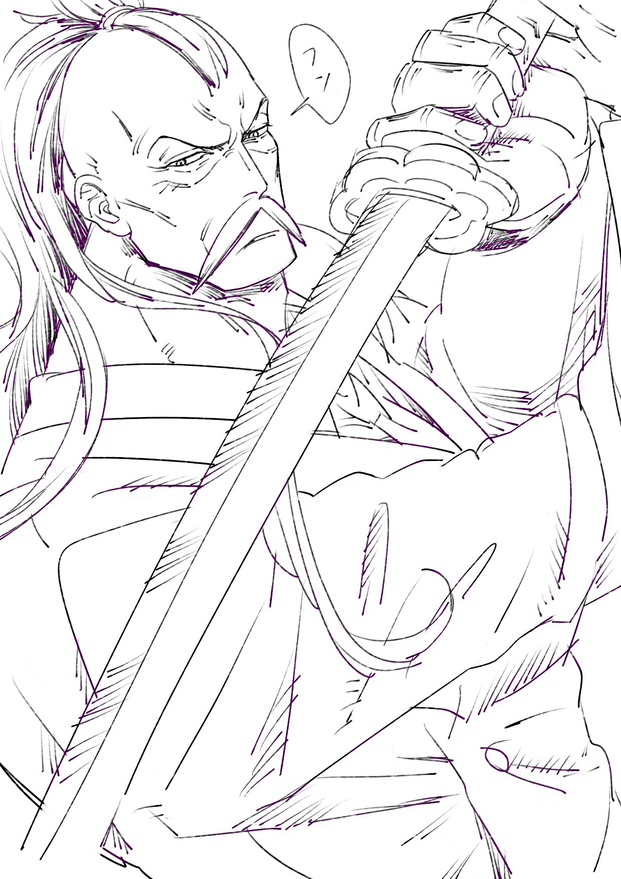 mifunenco, momonga (one piece), one piece, commentary request, highres, 1boy, facial hair, greyscale, holding, holding sword, holding weapon, male focus, monochrome, mustache, solo, sword, v-shaped eyebrows, weapon