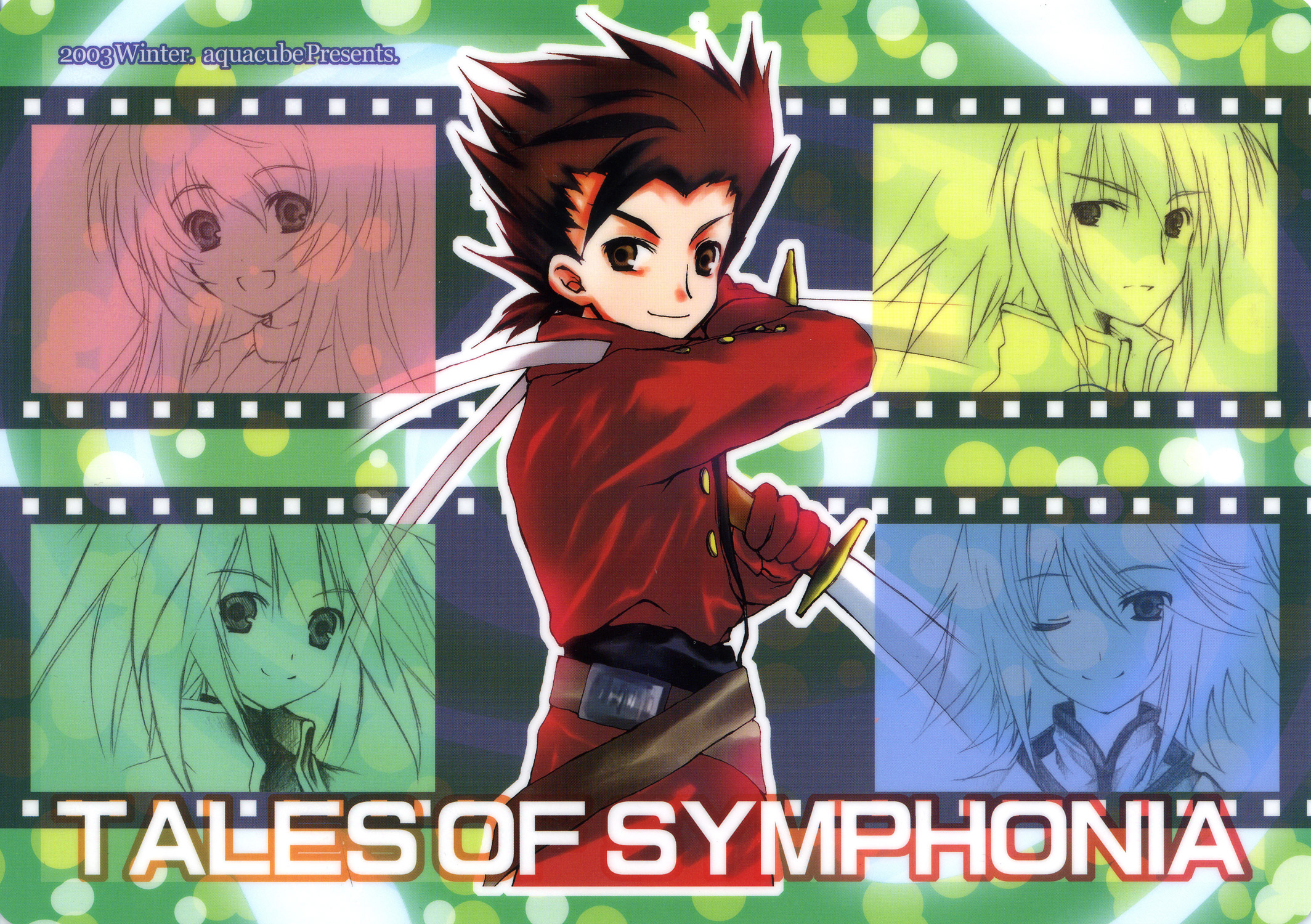 colette brunel, genius sage, kratos aurion, lloyd irving, raine sage, tales of (series), tales of symphonia, highres, scan, 00s, 2girls, 3boys, brown eyes, brown hair, copyright name, multiple boys, multiple girls, red shirt, shirt, sword, weapon