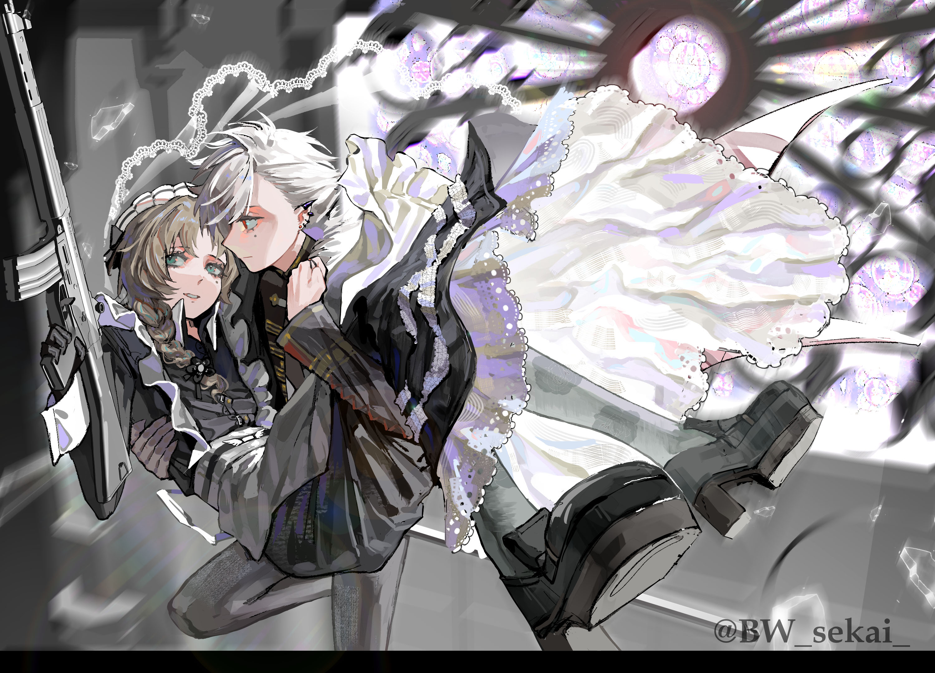 kanae (nijisanji), kuzuha (2nd costume) (nijisanji), kuzuha (nijisanji), nijisanji, highres, 2boys, apron, black border, black dress, black gloves, black shoes, blue eyes, border, braid, brown hair, bw sekai, carrying, crossdressing, crossdressing (mtf), dress, gloves, grey hair, holding, holding weapon, kanae (20th costume) (nijisanji), letterboxed, long hair, looking at another, maid, maid apron, maid headdress, male focus, male maid, mole, mole under eye, multiple boys, official alternate costume, platform shoes, princess carry, red eyes, shoes, single braid, sleeve cuffs, smile, trap, twitter username, veil, virtual youtuber, weapon