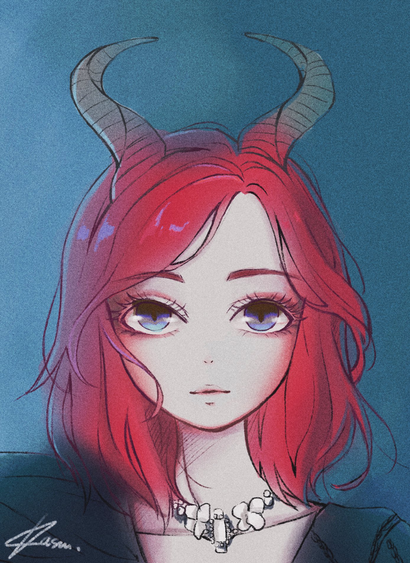 kasurinjung, sinb (gfriend), gfriend, real life, commentary, highres, 1girl, blue background, blue eyes, eyeshadow, horns, jewelry, k-pop, light smile, makeup, medium hair, necklace, red hair, signature, simple background, solo