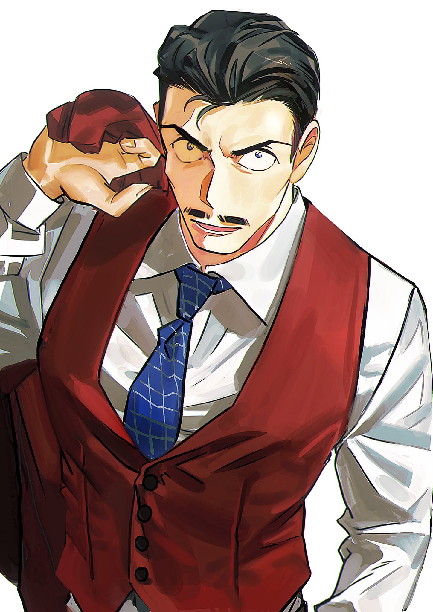 mercuryxun, mouri kogoro, meitantei conan, commentary request, highres, 1boy, blue eyes, blue necktie, collared shirt, facial hair, hair slicked back, holding, holding jacket, holding unworn clothes, jacket, male focus, mustache, necktie, red jacket, red vest, shirt, short hair, smile, solo, unworn jacket, upper body, v-shaped eyebrows, vest, white background, white shirt