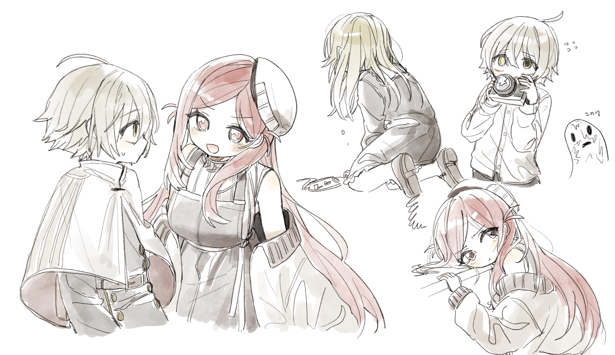atsuki imuri, exorcist wo otosenai, commentary request, highres, >:), 1boy, 2girls, :d, ahoge, beret, blonde hair, camera, capelet, cat-2tea, dress, father-kun (exorcist wo otosenai), flying sweatdrops, hat, holding, holding camera, kneeling, leah (exorcist wo otosenai), light blush, long hair, multiple girls, name tag, open mouth, overalls, partially colored, pout, red eyes, red hair, shirt, shoes, short hair, sketch, smile, sweatdrop, sweater vest, v-shaped eyebrows, white background, yellow eyes